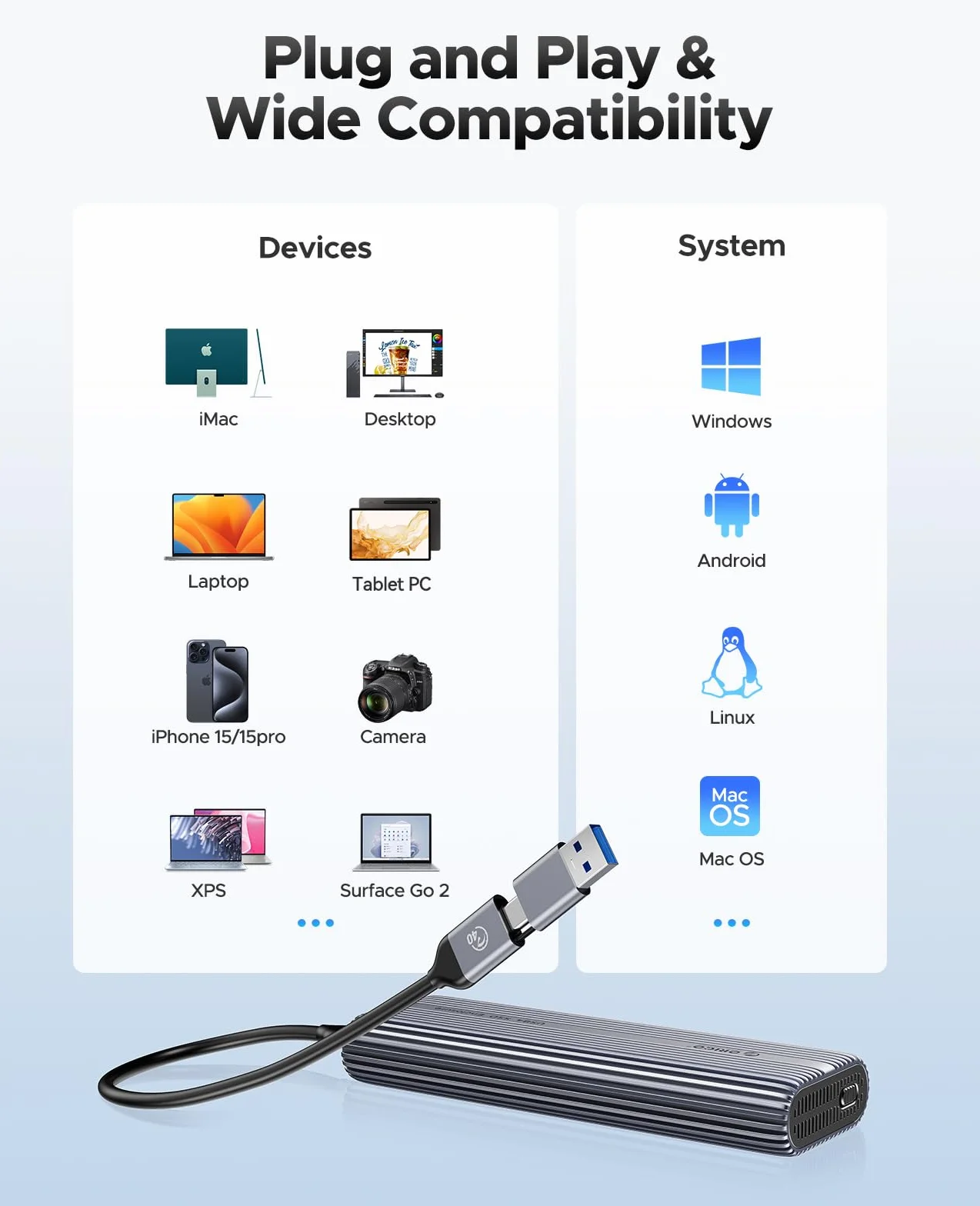ORICO Obudowa SSD M.2 NVMe 40Gbps USB4, instalacja bez narzędzi, wewnętrzna obudowa SSD NVMe do Thunderbolt 4/3, USB 3.2/3.1/3.0/2.0, do 3500MB/s, chłodzenie aluminium - ACOM2
