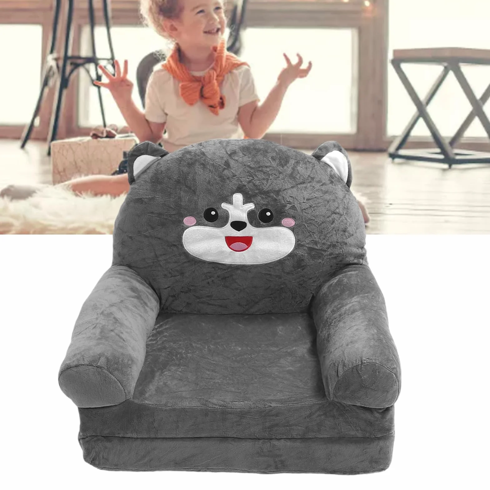 Lekka Rozkładana Sofa dla Dzieci 2 w 1 z otwieraną klapką, Szary Pies, Kanapa z funkcją Spania z Kreskówek do Czytania, Drzemki (2 warstwy)