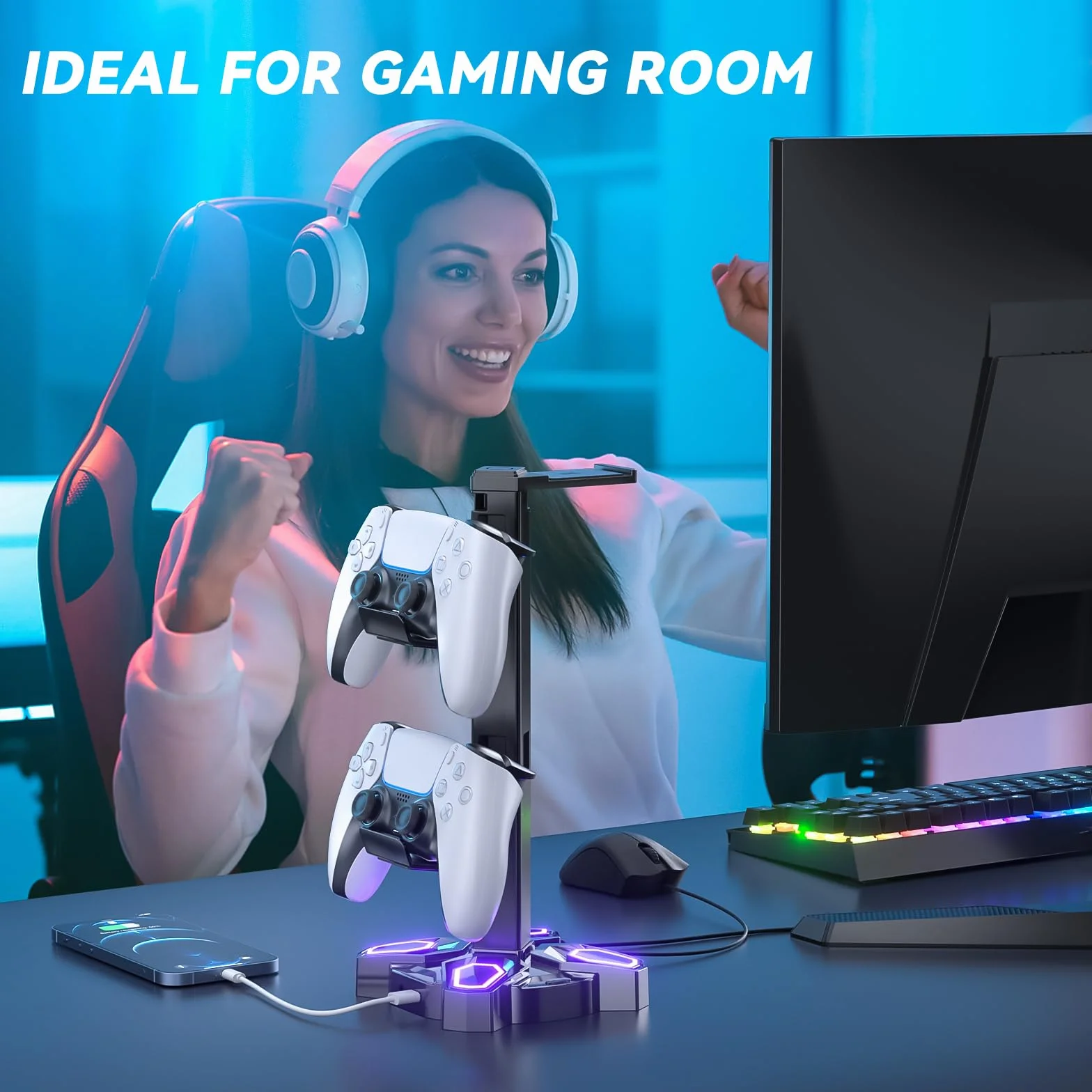 Stojak na Słuchawki Gaming RGB KDD, Obrotowy Stojak na Słuchawki z 9 Trybami Podświetlenia - Uchwyt na Kontroler z 2 Portami Ładowania USB i 3,5 mm - Wieszak na Słuchawki, Akcesoria na Biurko (Czarny)