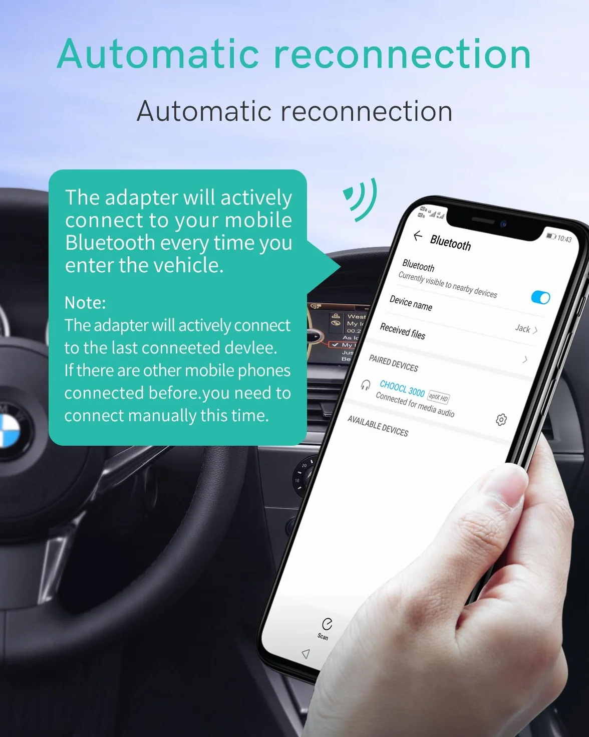 Adapter Bluetooth z kablem Y do BMW – USB i AUX – Odbiornik Bluetooth kompatybilny z systemem CIC/CCC – Wysokiej jakości dźwięk aptX-HD