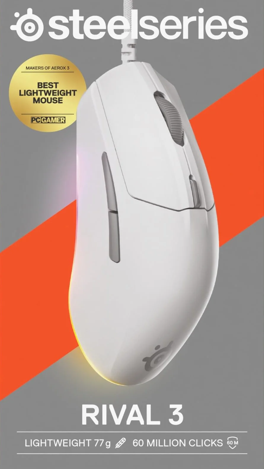 SteelSeries mysz do gier Rival 3 Gen 2 – Sensor optyczny TrueMove Core 8500 DPI – Wytrzymałość do 60 milionów kliknięć – Niskie opóźnienie kliknięć –Niska waga 77 g – Ślizgacze 100% PTFE – RGB -Biała