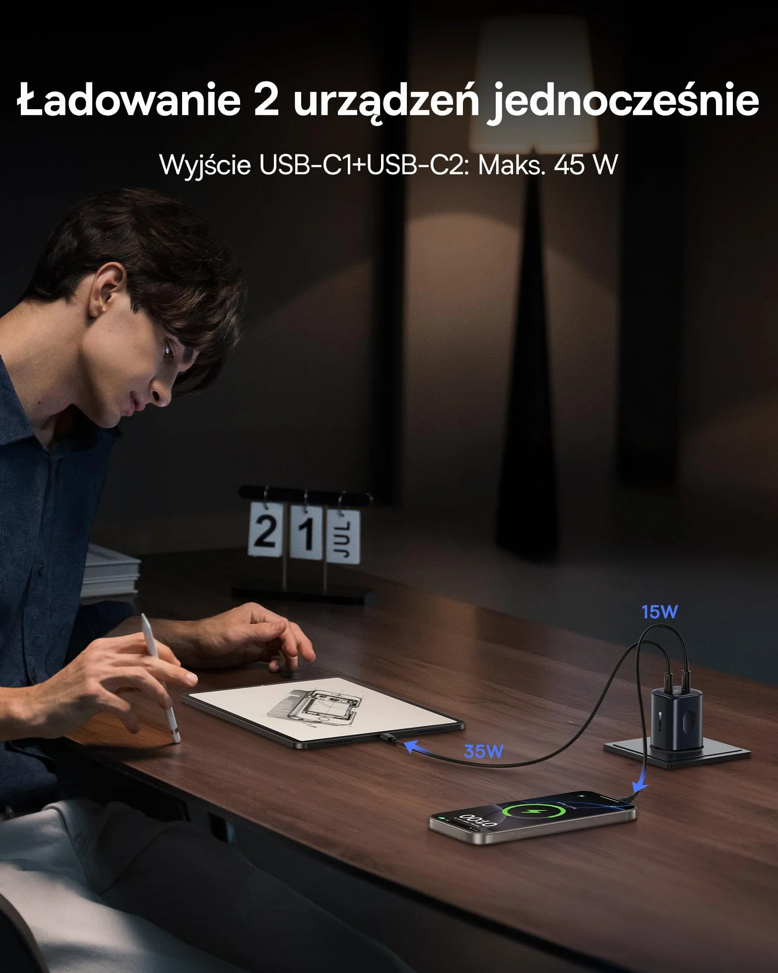 Baseus PicoGo II Ładowarka USB C 45W, 2 Porty USB C, Zasilacz PD 3.0 PPS, Szybka Ładowarka, Kompatybilna Z iPhone 17/17 Pro Max/16-12, Galaxy S25 Ultra, Pixel, iPad Pro/Air, Steam Deck