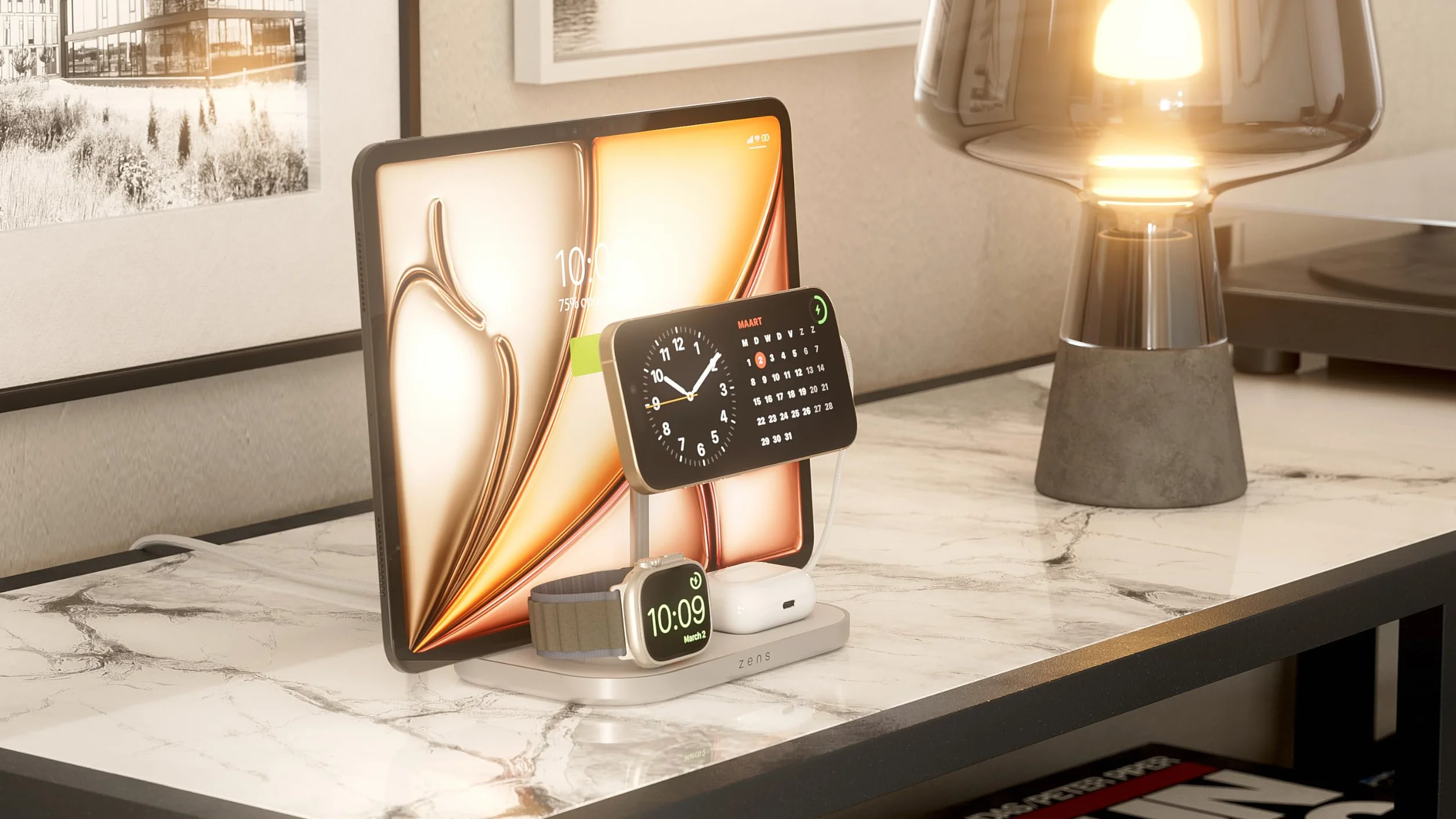 Zens 4-in-1 Wireless Charger, bezprzewodowa ładowarka MagSafe i Qi2 o mocy 15 W do telefonów iPhone/Apple Watch/AirPods, zawiera zasilacz 65 W (EU/UK/US) i wbudowany kabel o długości 1,5 m, Biały