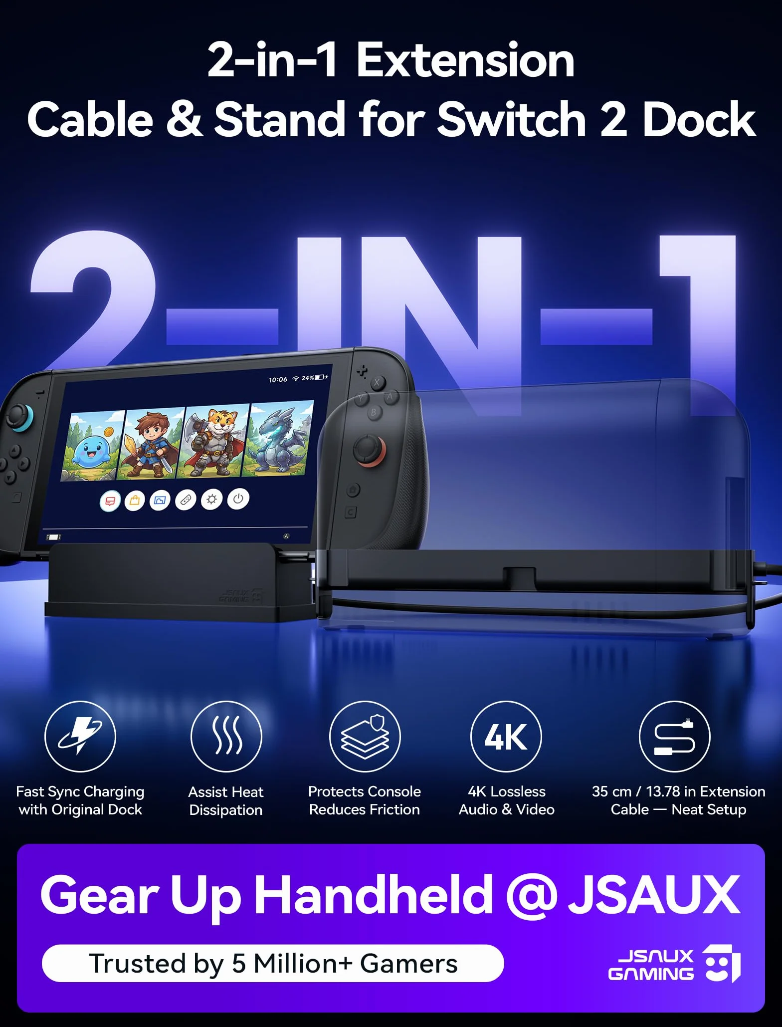 JSAUX Przedłużacz USB C ze stojakiem do stacji dokującej Switch 2, 35 cm Extension Cable obsługa szybkiego ładowania i transmisji wideo 4K, funkcja dokująca 1:1, pomocnicze chłodzenie, kompatybilny z