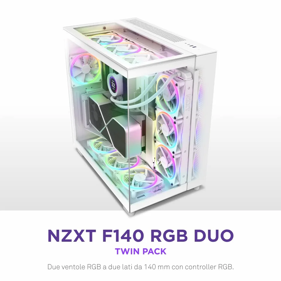 NZXT F140 RGB Duo Twin Pack - Dwustronne Wentylatory 140 mm z Kontrolerem - 20 Indywidualnie Adresowalnych Diod LED - Zrównoważony Przepływ Powietrza i Ciśnienie Statyczne