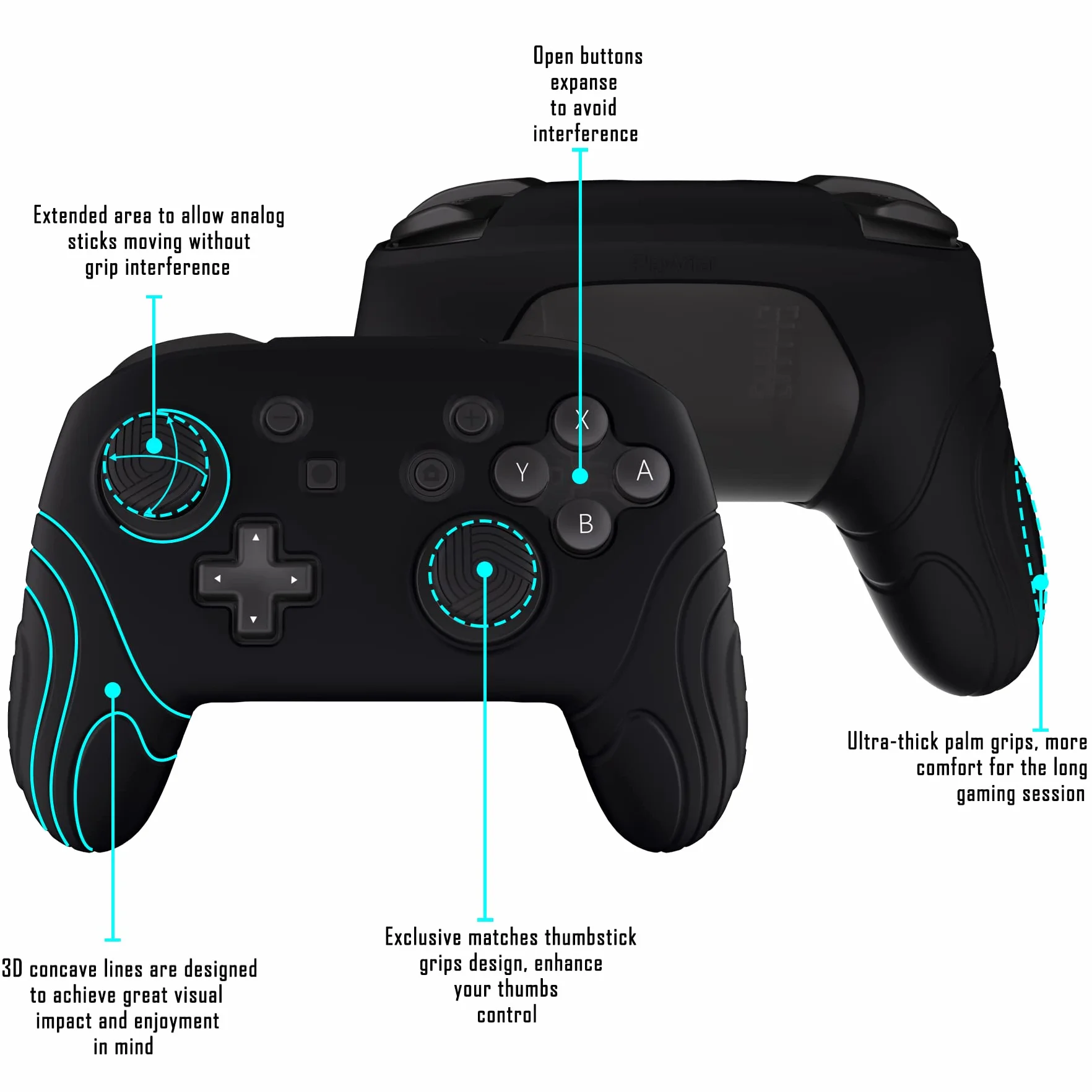 PlayVital Skórki Antypoślizgowa do Nintendo Switch Pro Controller,Miękka Silikonowe Ochronne do Switch Pro,Ergonomiczne Obudowy z Nakładkami Kciuki-Czarny(Samurai Edition)