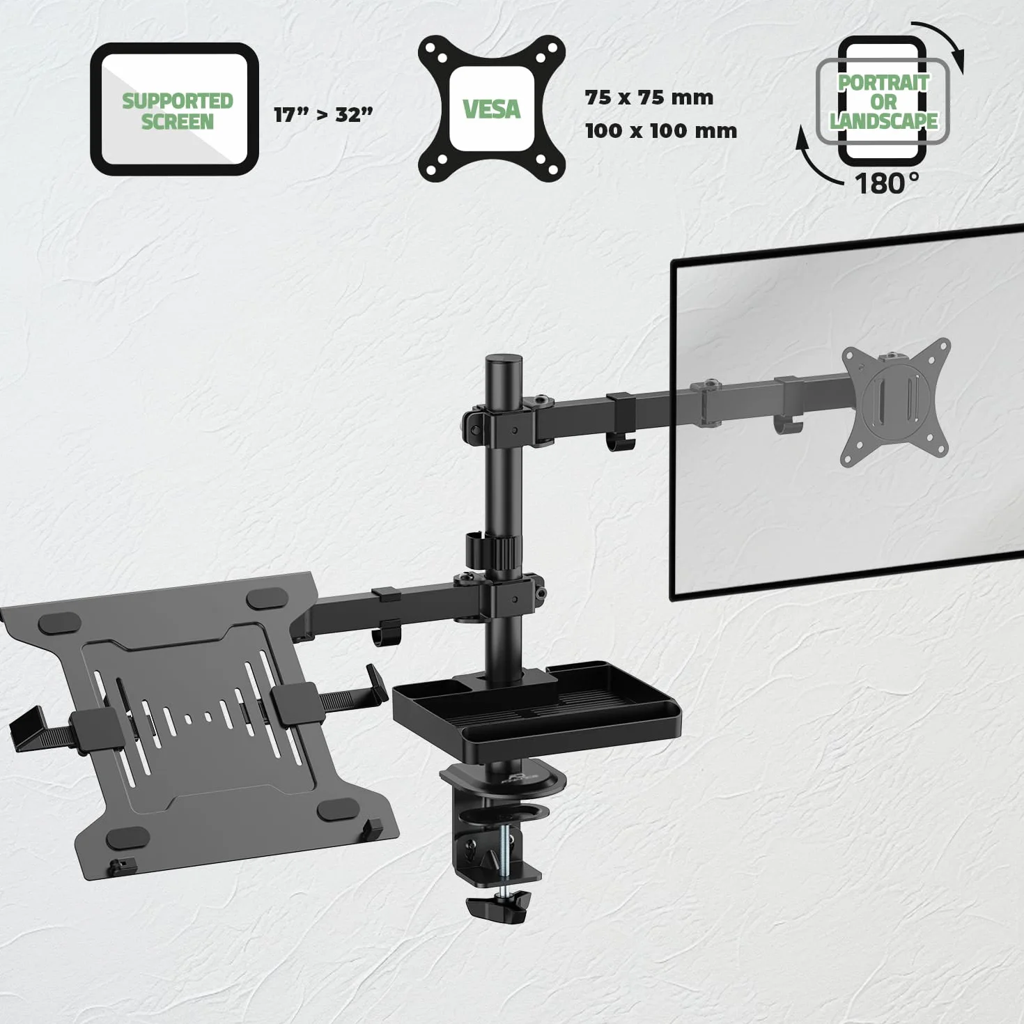 Seria XTENDMOUNTS: Stalowy przegubowy uchwyt do ekranu PC 17/32'' VESA 75x75,100x100, taca na laptopa, tablet do przechowywania i uchwyt na smartfona w zestawie (Flex)