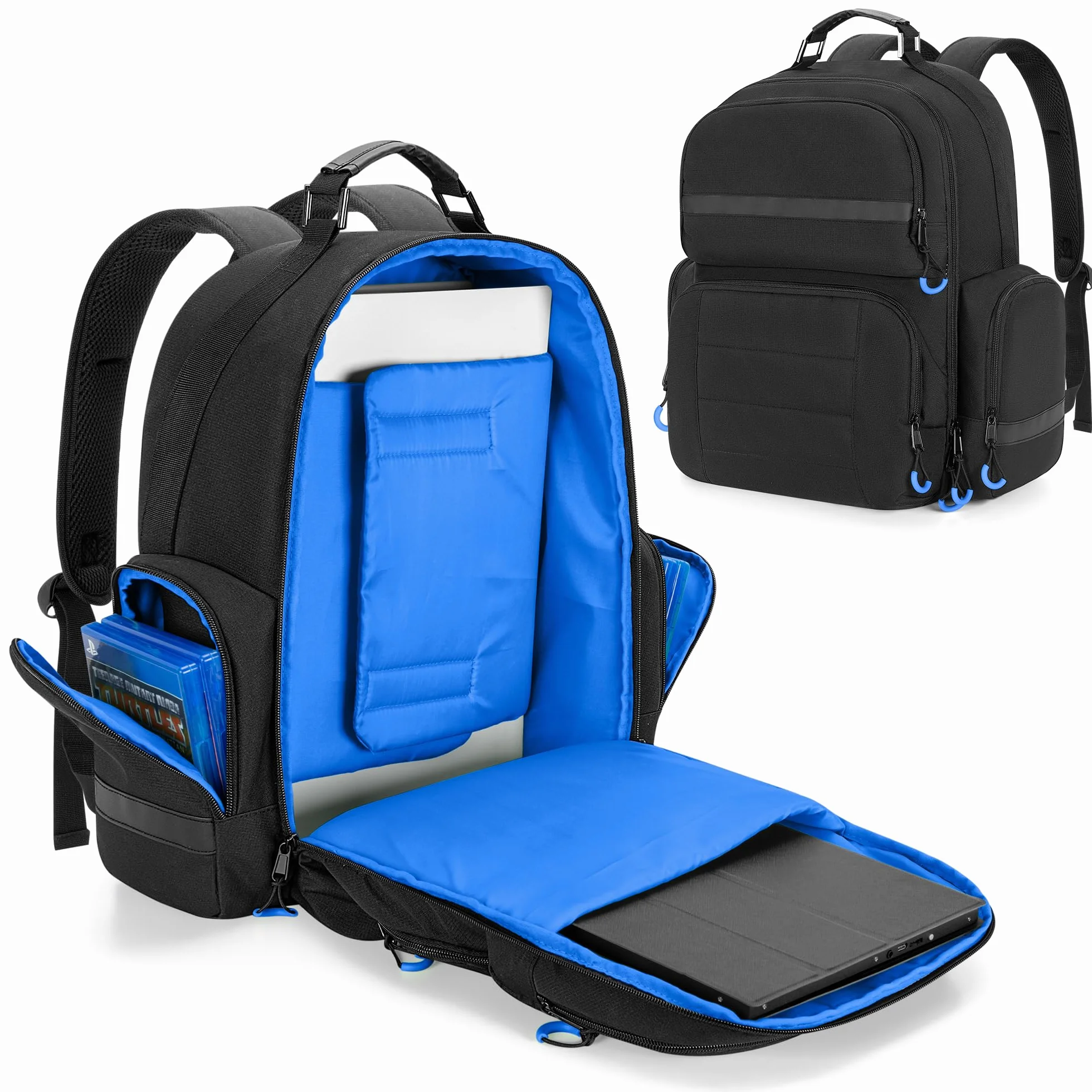 PGmoon Plecak na konsolę kompatybilny z PlayStation 5, torba podróżna z ochronną podszewką, odpowiedni do laptopa 15,6", słuchawek, kontrolerów i większości akcesoriów do gier, Niebieska