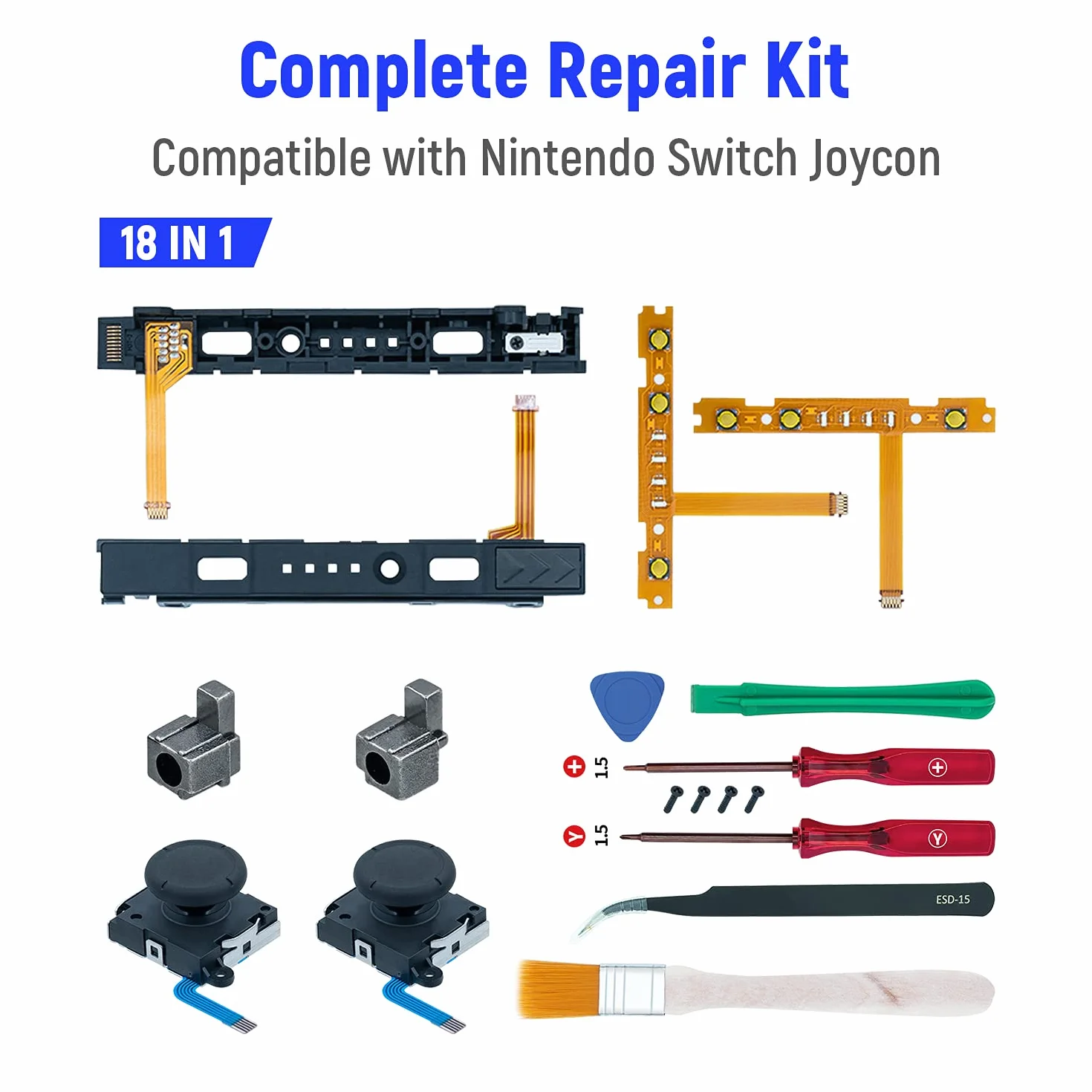 Mcbazel 18 w 1 przełącznik NS Joy-Con wymienny zestaw naprawczy z akcesoriami do śrubokrętów, analogowe joysticki 3D lewy prawy przycisk SL/SR synchronizacja zestawu kabli elastycznych
