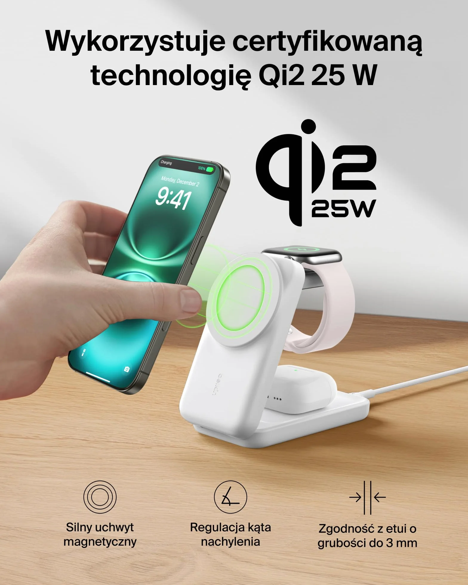 Belkin UltraCharge Qi2 Ładowarka Indukcyjna 3w1, 25W Bezprzewodowa Stacja Ładująca Zgodna z MagSafe do iPhone 16, Apple Watch, AirPods, Pixelsnap, Bezprzewodowa Ładowarka z Zasilaczem 45W, Biała