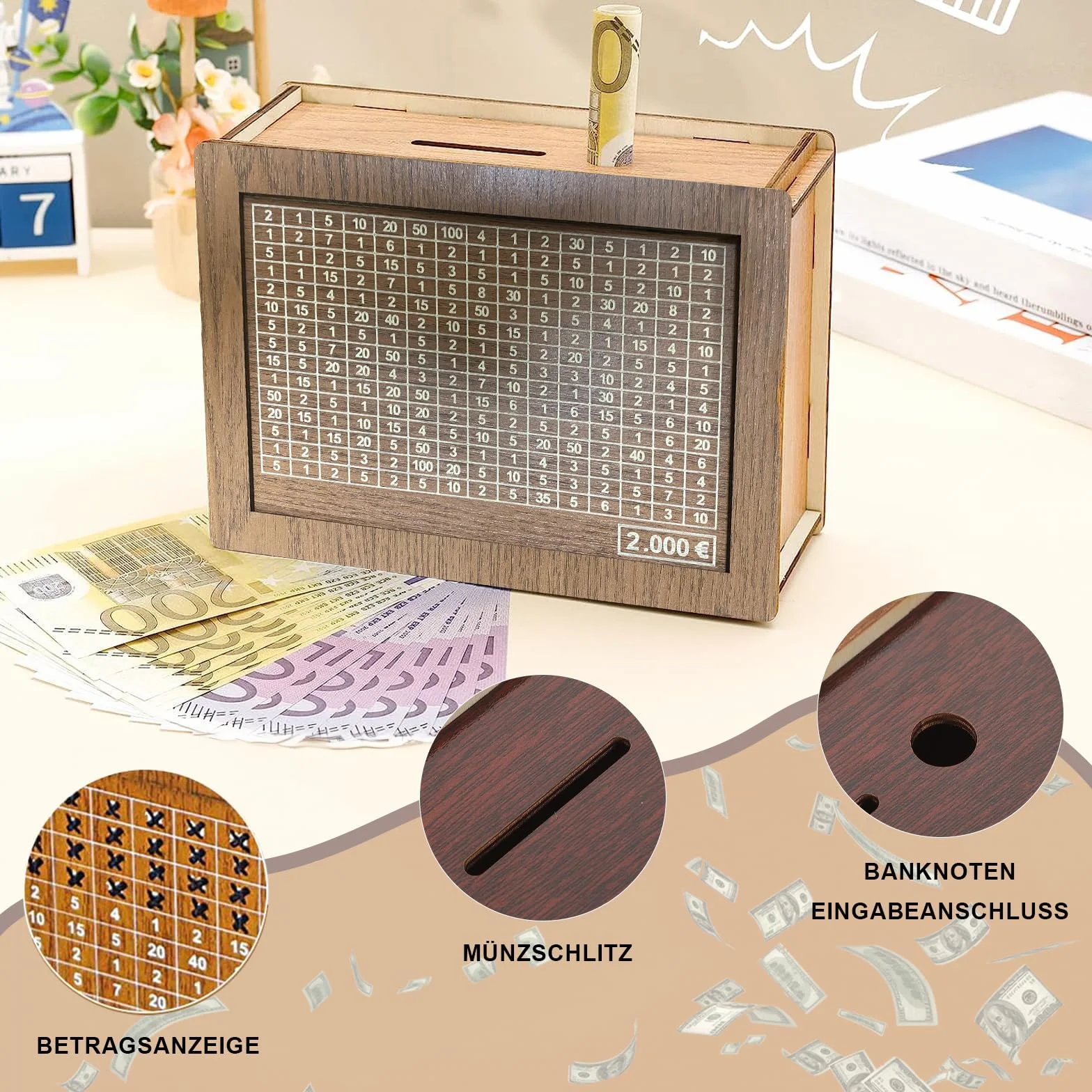 Sparbox wielokrotnego użytku, drewniana skarbonka retro skarbonka pudełko do przechowywania pomaga rozwinąć nawyk oszczędzania, 2000 € brązowy