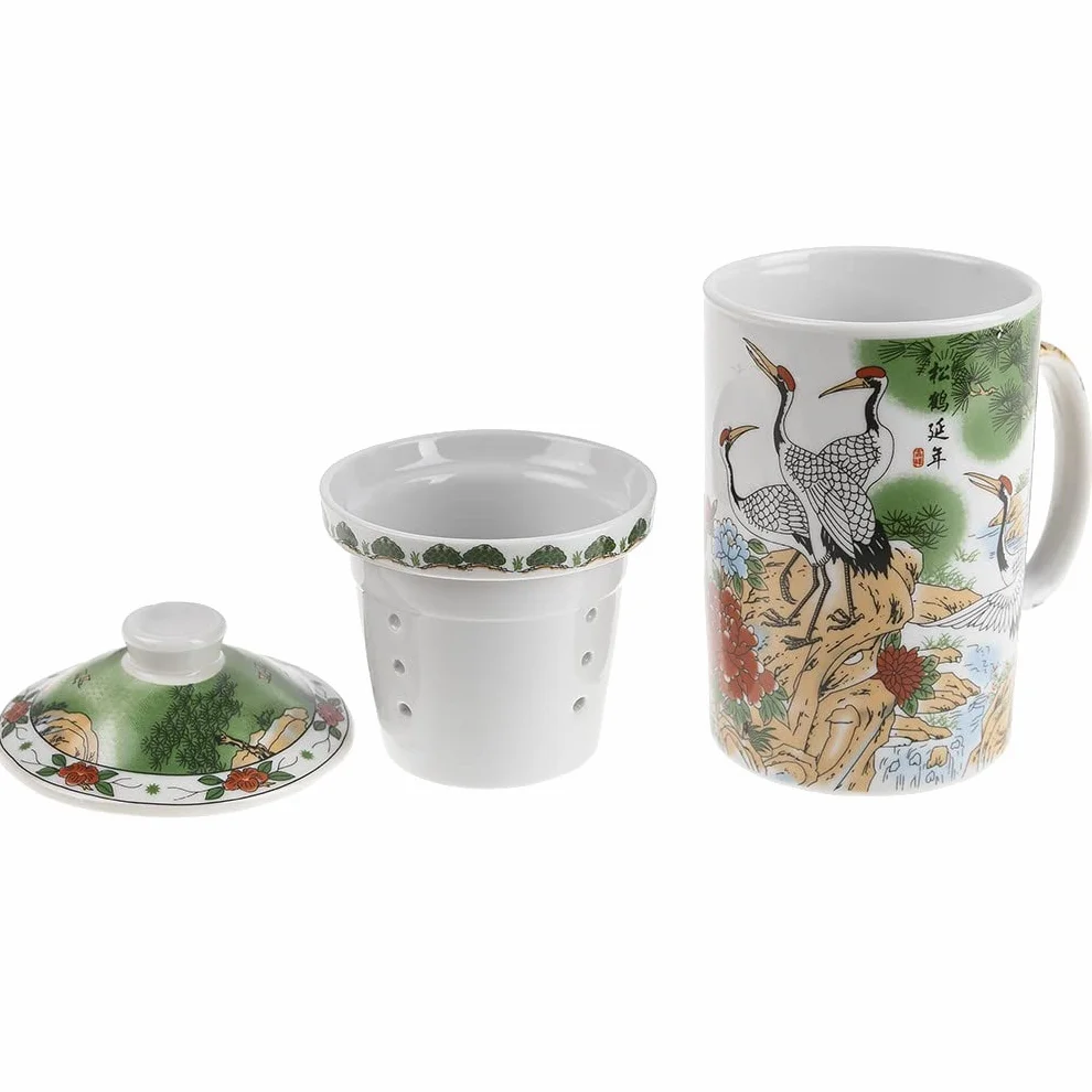 Porcelanowy kubek do zaparzania z zaparzaczem i pokrywką chiński krajobraz ptaki długowieczności tradycyjna zastawa stołowa