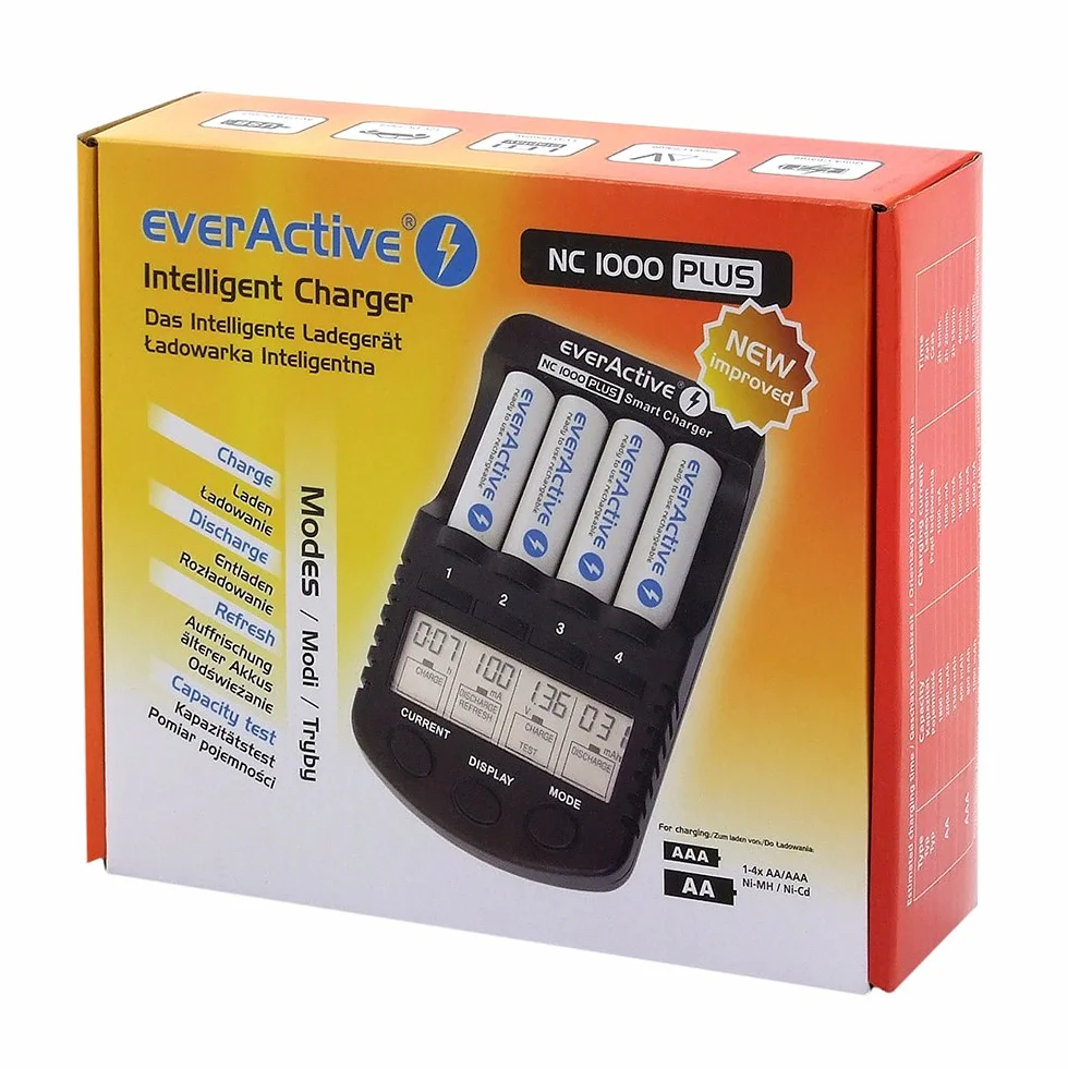 everActive Ładowarka do 4 akumulatorów AAA AA, profesjonalna i szybka, wyświetlacz LCD, test pojemności, adapter samochodowy, model: NC-1000 Plus, czarna, NC1000Plus