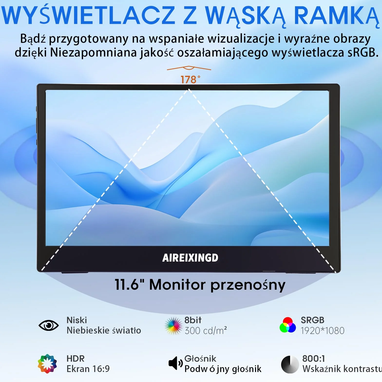 Przenośny monitor, 11,6" 1920×1080 FHD IPS przenośny ekran do laptopa ze stojakiem,montaż VESA, drugi ekran do laptopa/PC/Mac/PS5/Xbox - złącze USB C i HDMI [Klasa energetyczna A]