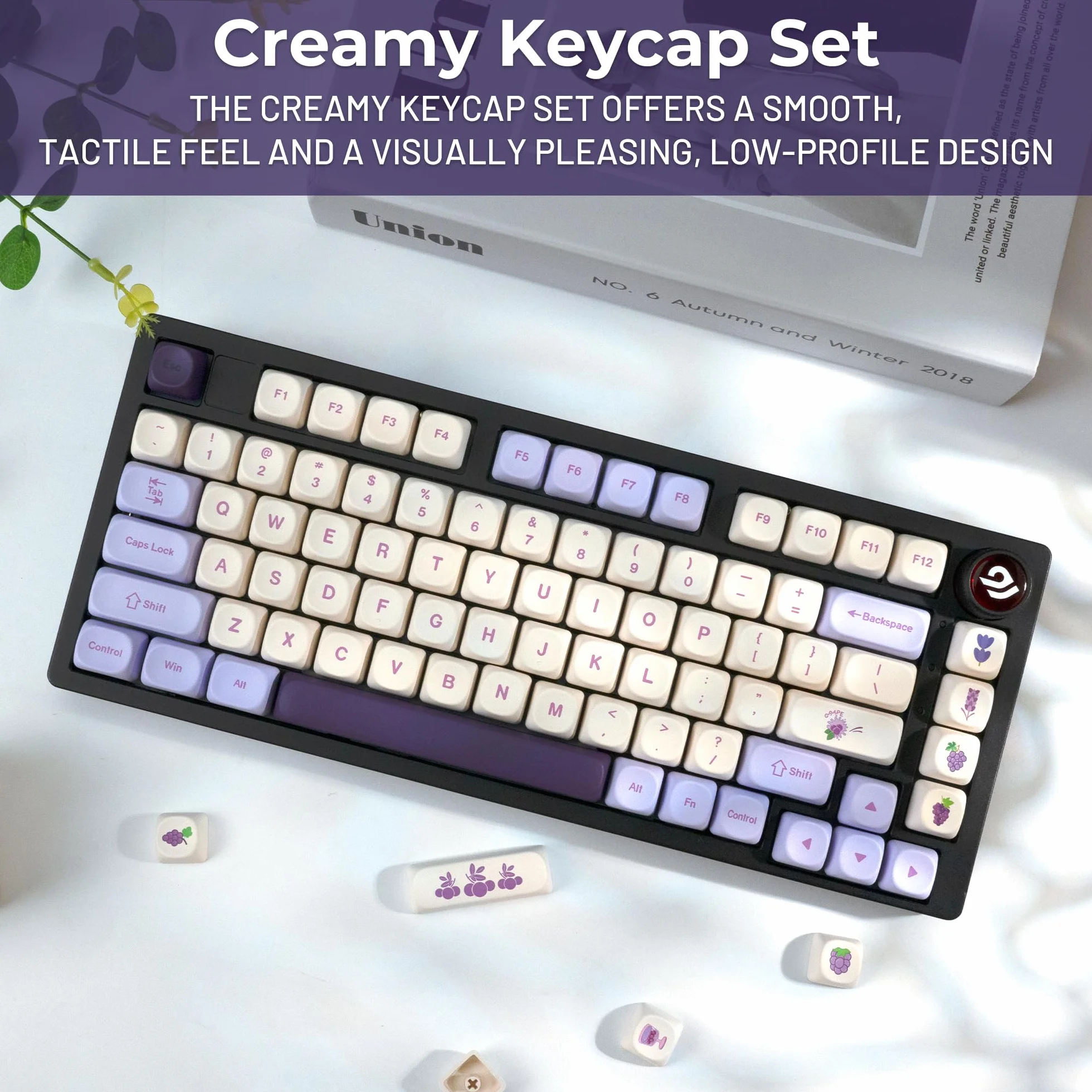 XVX MOA Profile Purple Grape Theme PBT Dye-Sub Keycaps, Custom Keycap Set for Mechanical Keyboards (Compatible with Cherry MX Switches, Purple & White Design)