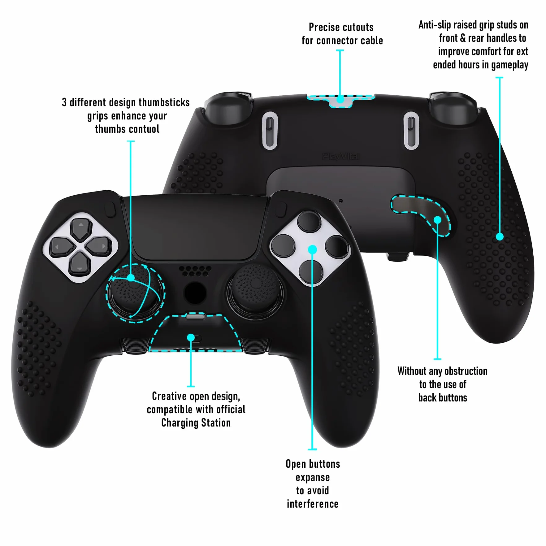 PlayVital 3D Studded Edition antypoślizgowe silikonowe etui do kontrolera PS5 Edge, miękka gumowa osłona do kontrolera bezprzewodowego PS5 Edge z 6 nakładkami na kciuk, czarne