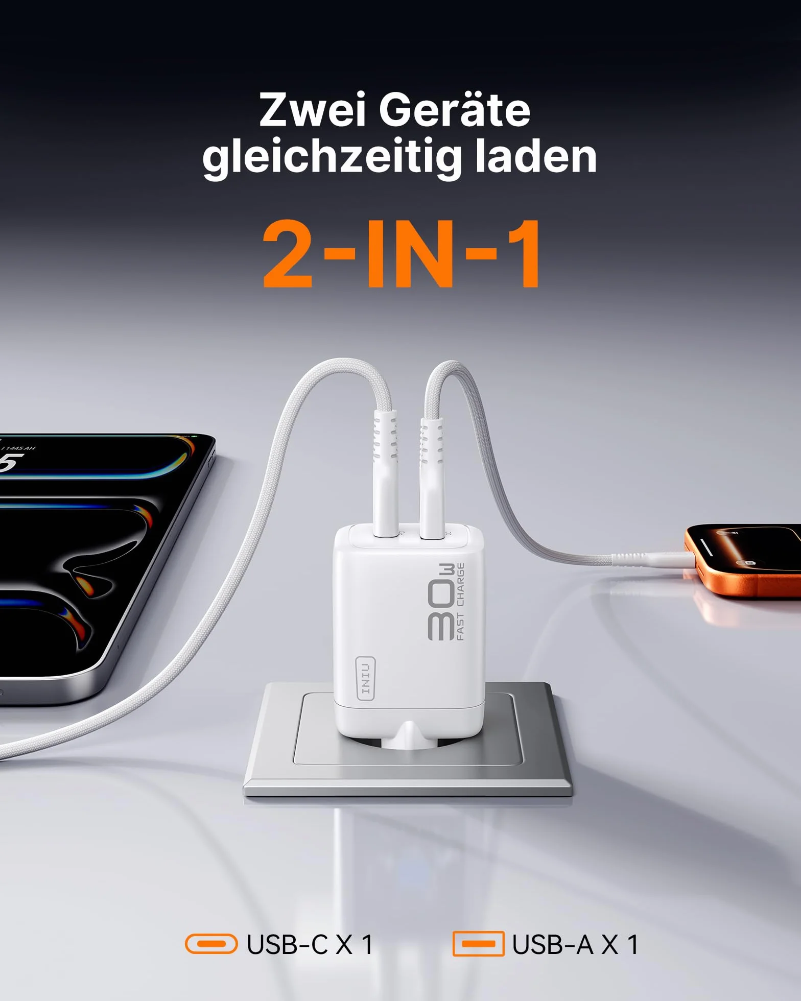 INIU Ładowarka USB C, 30 W, 2-portowa [USB C + USB A] Szybka ładowarka z kablem, Multi Sector PD Type C, adapter do iPhone'a 17 16 Pro Max, iPad Air, Galaxy S25 S24 Ultra, Xiaomi 15, Pixel 10, 9 itd