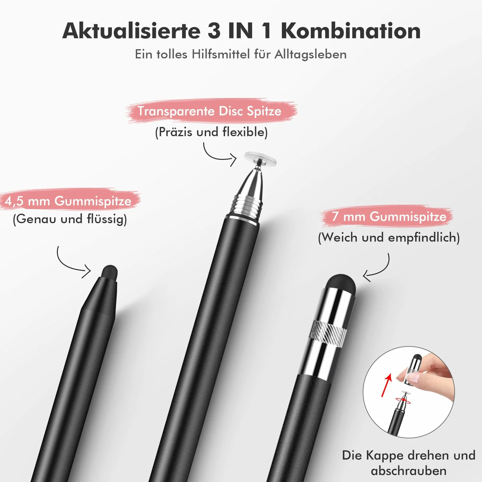 MEKO 3-częściowy zestaw 3 szt. rysik do ekranu dotykowego 3 w 1, gumowy rysik do wszystkich tabletów/telefonów komórkowych, takich jak iPhone iPad Pro/Mini/iWatch/Samsung Huawei Xiaomi Surface