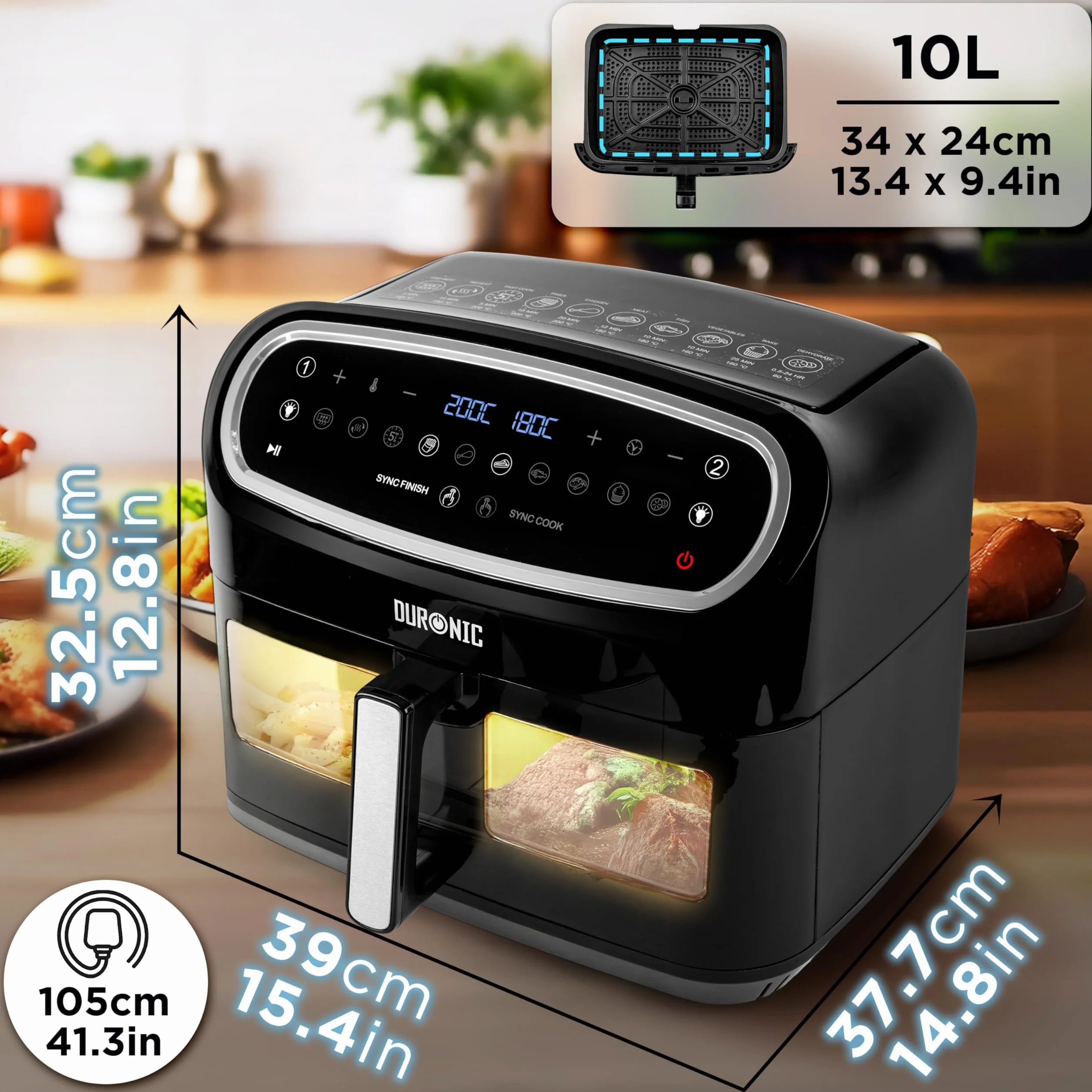 Duronic AF14 BK Airfryer XXL z dużą komora 10l l | frytkownica beztłuszczowa na gorące powietrze wielofunkcyjna podwójna