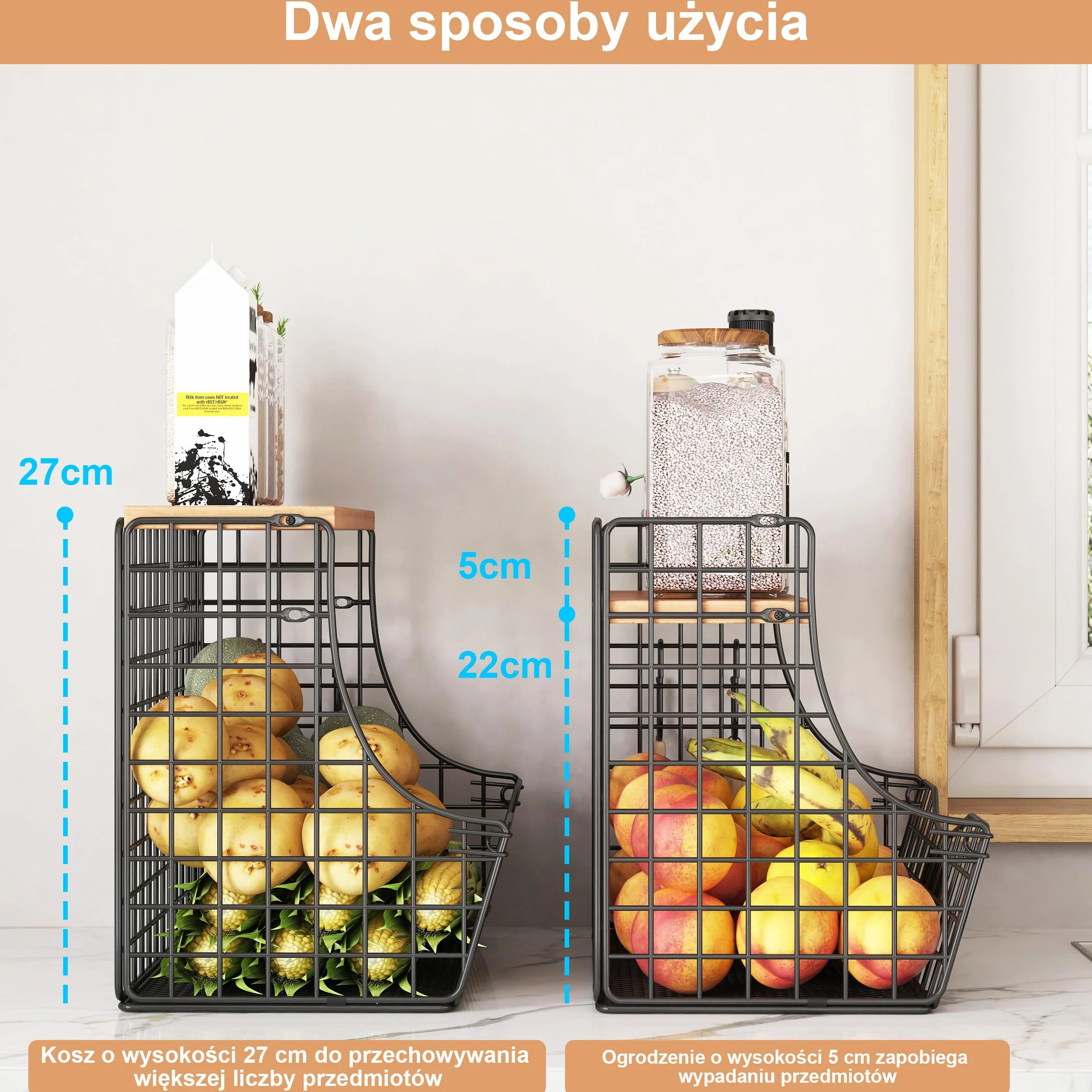 Metalowy kosz na owoce z 5 haczykami i drewnianą półką Czarny