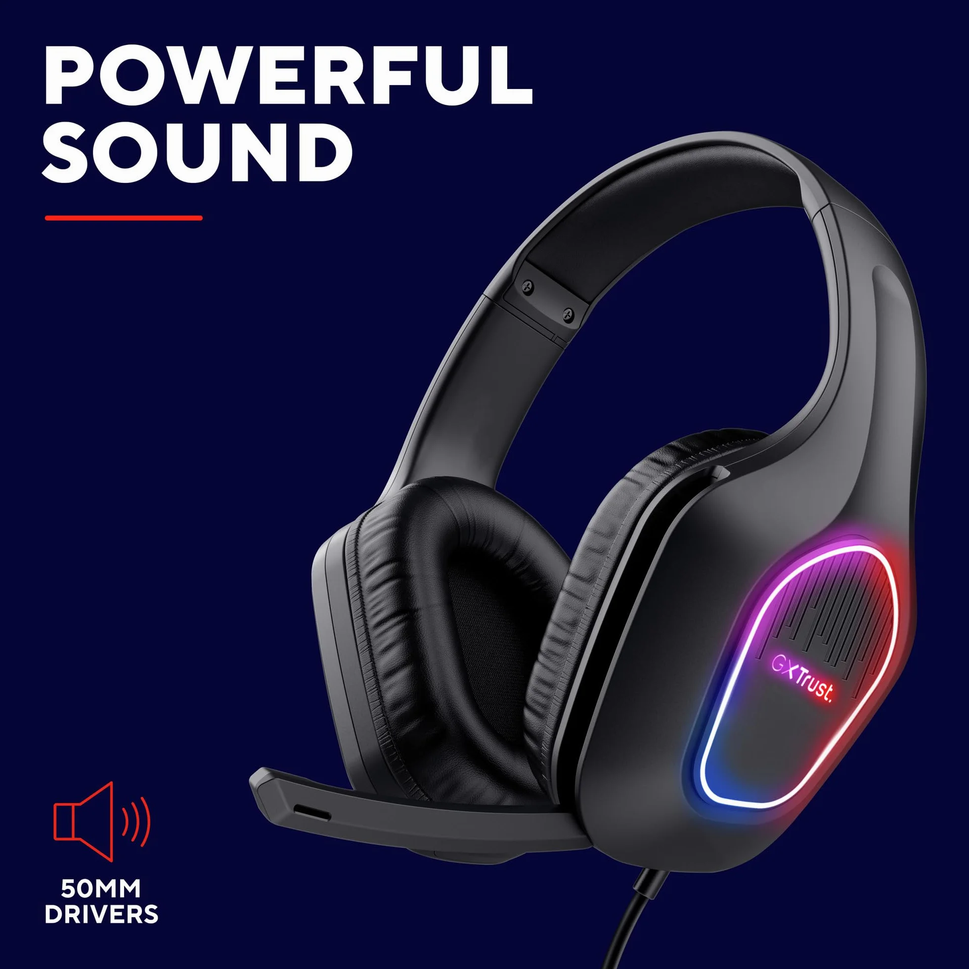 Trust GXT 419 Rayne Lekkie Słuchawki Gamingowe do PC/Konsoli, Podświetlenie LED na USB, Jack Audio 3.5mm, Przetworniki 50mm, Odchylany Mikrofon, Headset Przewodowy do Komputera, Czarny