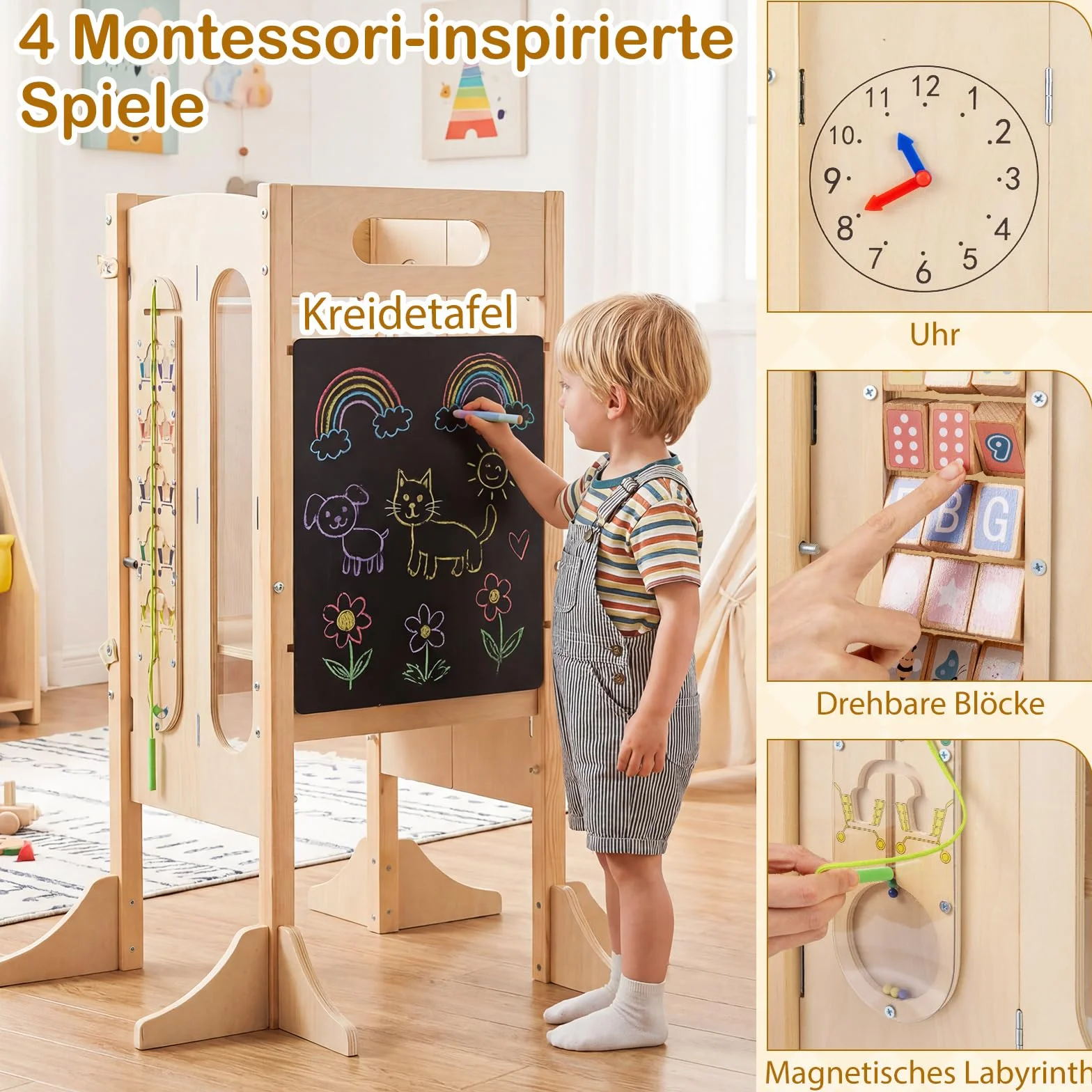COSTWAY Wieża edukacyjna 4 w 1, składana, taboret z drewna z 2-stopniowym taboretem, tablicą i zdejmowaną siatką zabezpieczającą, Learning Tower Montessori, stołek dla dzieci od 3 lat, kolor naturalny