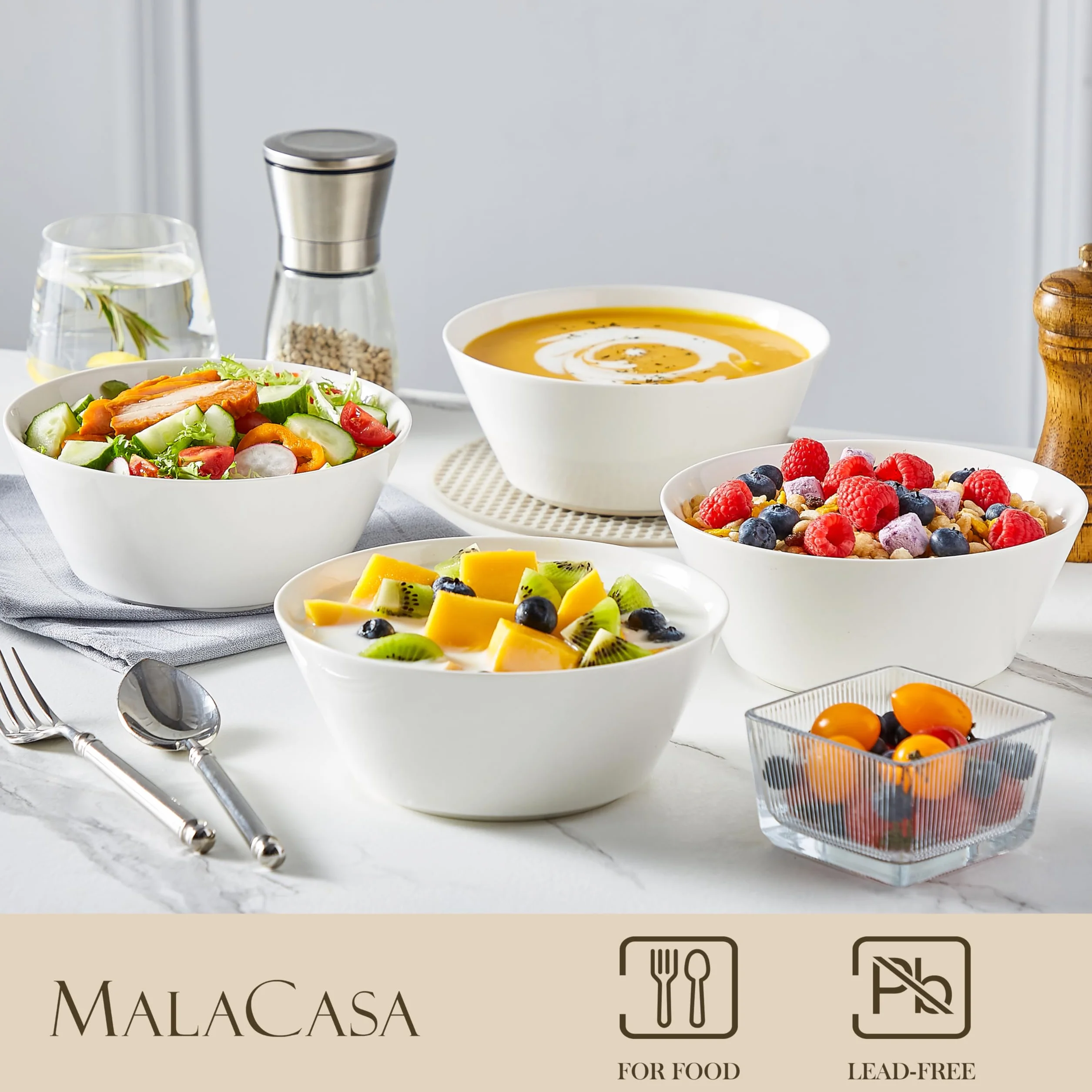 MALACASA Zestaw ceramicznych misek do zupy, zestaw 4 x 1050 ml, głębokie miseczki koloru białego na ramen, musli, sałatki, owoce - nadają się do zmywarki i kuchenki mikrofalowej, seria REG-Decca