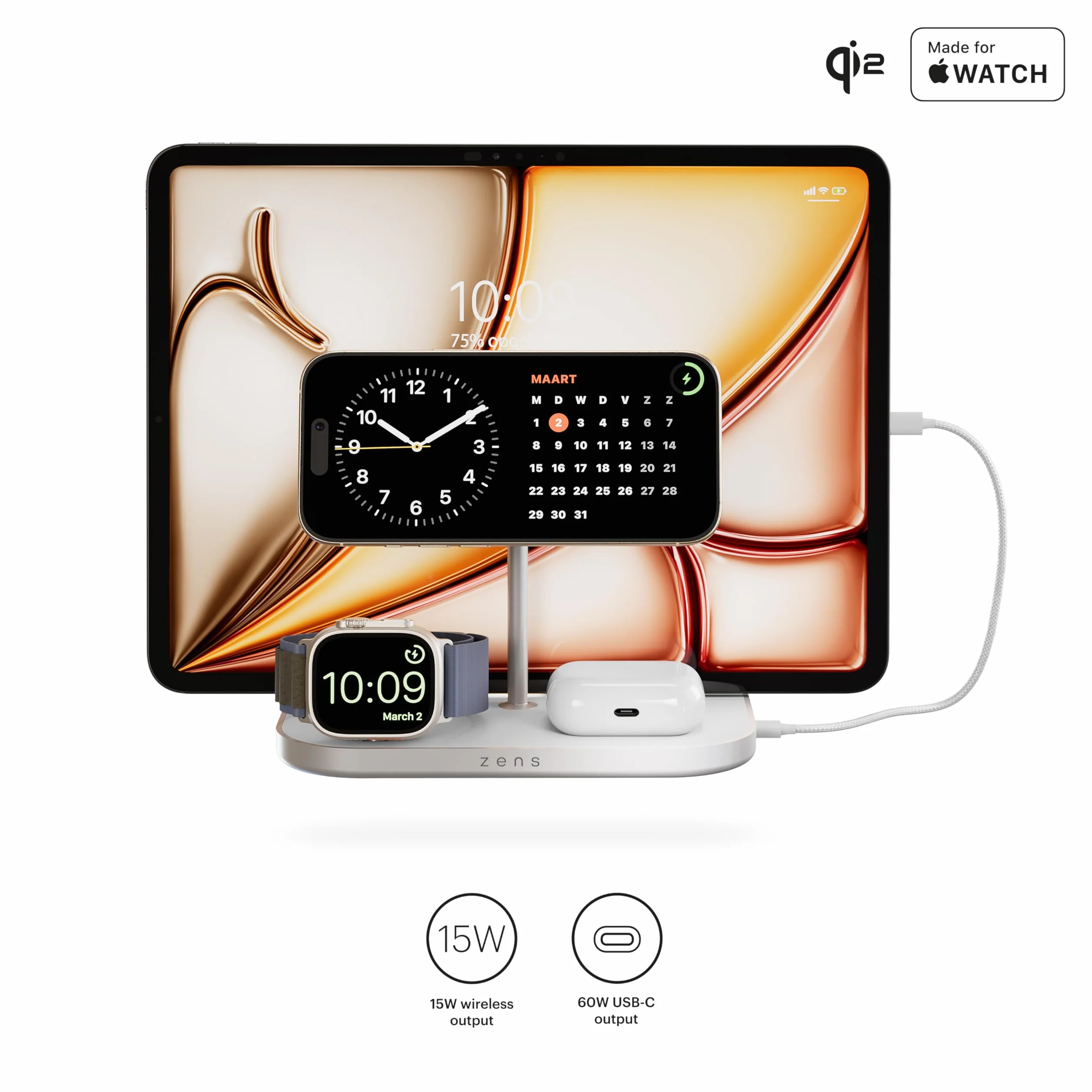 Zens 4-in-1 Wireless Charger, bezprzewodowa ładowarka MagSafe i Qi2 o mocy 15 W do telefonów iPhone/Apple Watch/AirPods, zawiera zasilacz 65 W (EU/UK/US) i wbudowany kabel o długości 1,5 m, Biały
