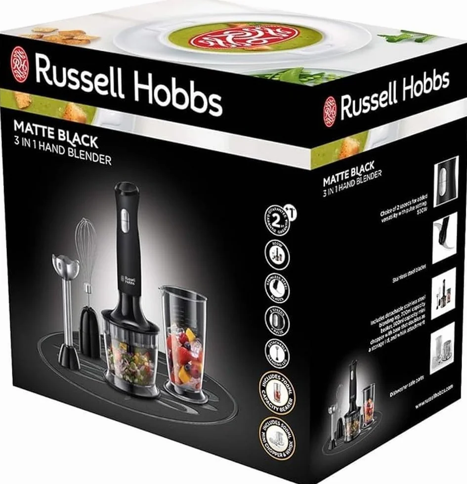 Russell Hobbs blender ręczny, 3w1, nasadka miksująca, pojemnik z ostrzem miksującym, pojemność pojemników 0,5l i 0,7l, ubijanie, mieszanie, moc 500W, czarny, Matte Black 24702-56