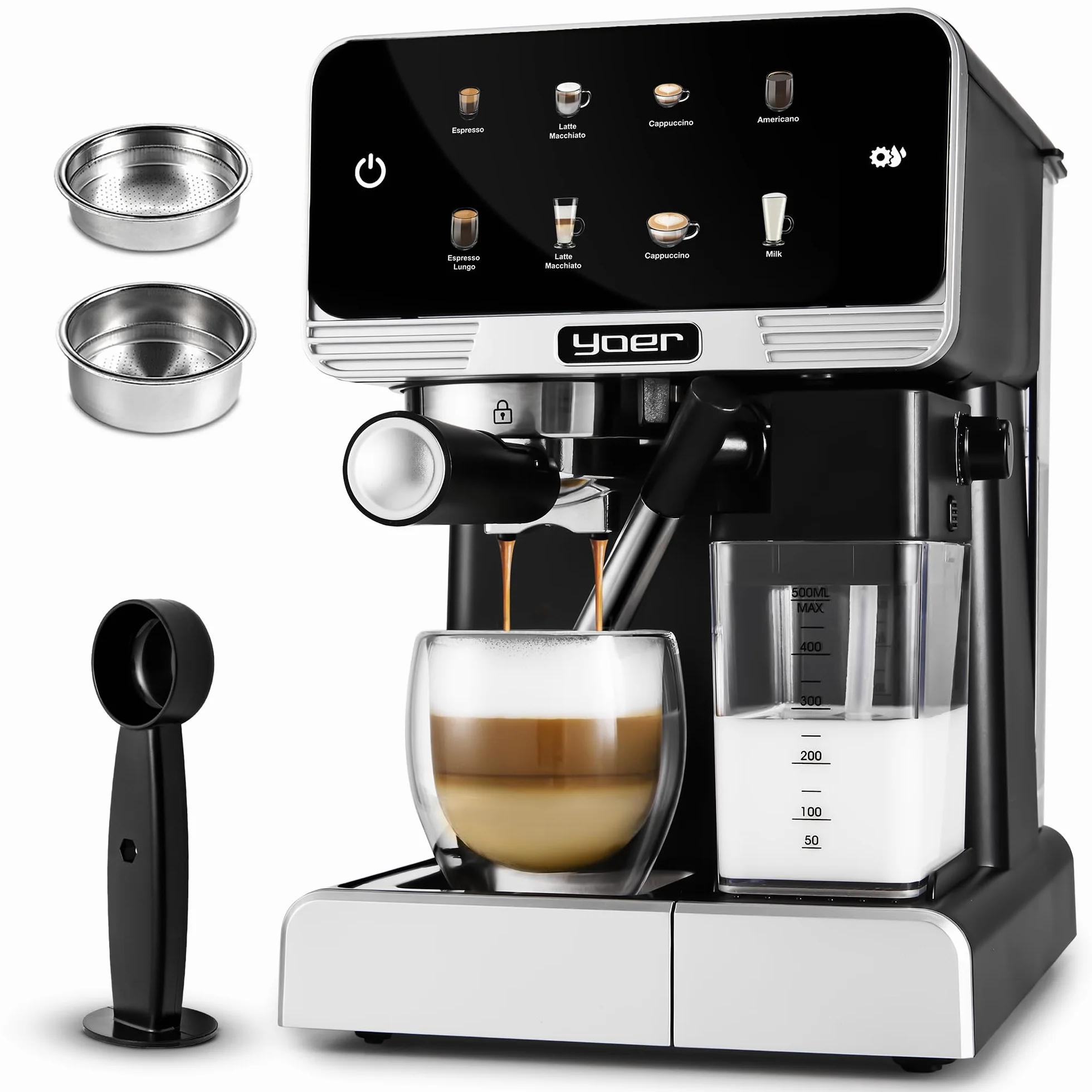 YOER Creamo EMF03BK, w pełni automatyczny ekspres do espresso, 20 bar, 1350 W, 1,8 l, 6 automatycznych programów, automatyczne spienianie mleka, regulacja ilości kawy i mleka, automatyczny