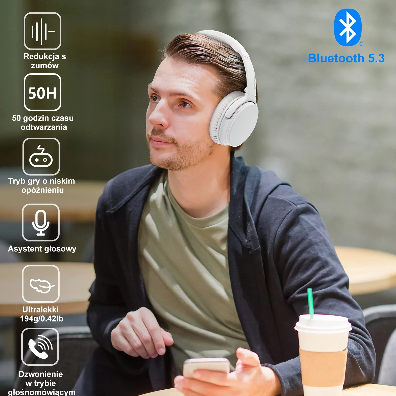 Srhythm NC25 Noise Cancelling Headphones Bluetooth 5.3, Over-Ear Wireless Headset with Low Latency Game Mode, 50H Playtime