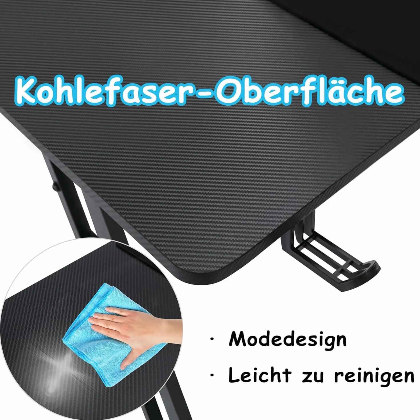 XMTECH 140 x 60 cm stolik gamingowy, biurko z ramą w kształcie litery Z, biurko komputerowe z powierzchnią z włókna węglowego, ergonomiczny stół komputera z hakiem na słuchawki i uchwytem na napoje