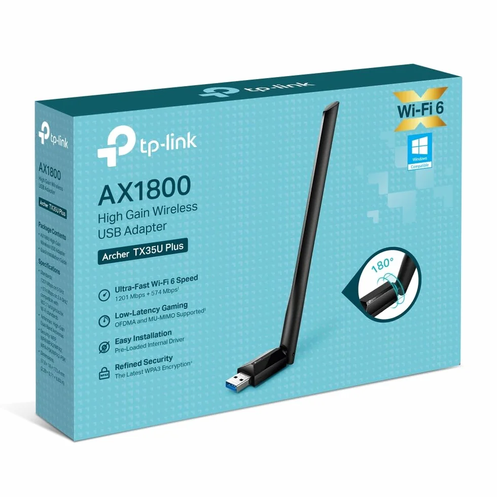 TP-Link Archer TX35U Plus WLAN Stick do PC, Wi-Fi 6 AX1800 Dual Band Adapter, USB 3.0, MU-MIMO, anteny o wysokim wzmocnieniu, szyfrowanie WPA3, kompatybilny z Windows 11/10