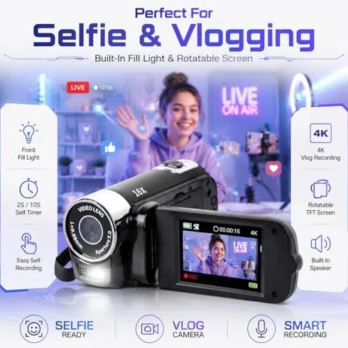 Kamera 4K Vintage, 48MP Retro Camera, Kamera DV 2.7in TFT Rotatable Ekran 16x Cyfrowy Zoom z Kablem USB (BLACK)