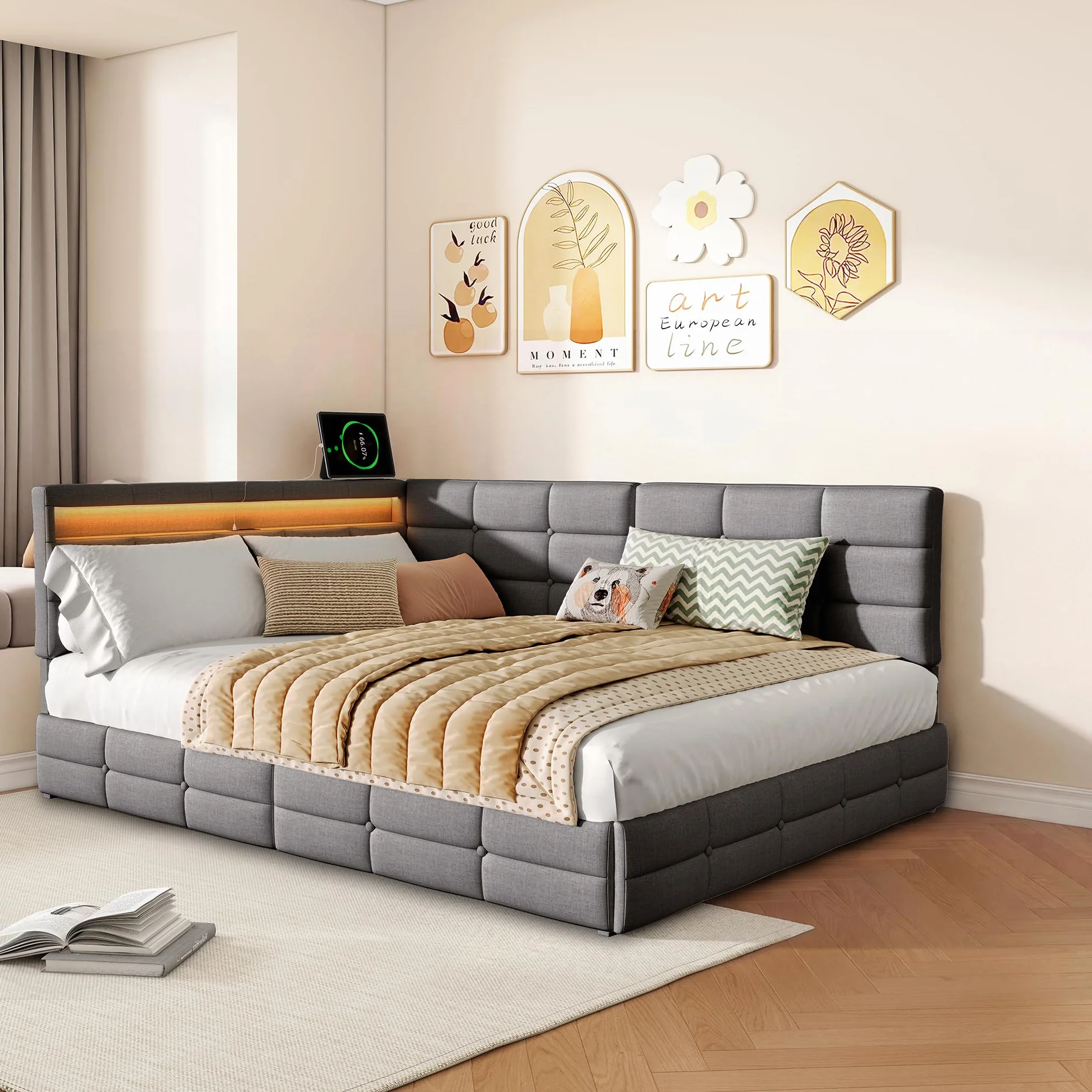 Łóżko tapicerowane, podwójne, 140 x 190 cm, z miejscem do przechowywania, łóżko dzienne, sofa z 2 szufladami, łóżko młodzieżowe z diodami LED i USB, łóżko funkcyjne ze stelażem, len, szare (szare, 140