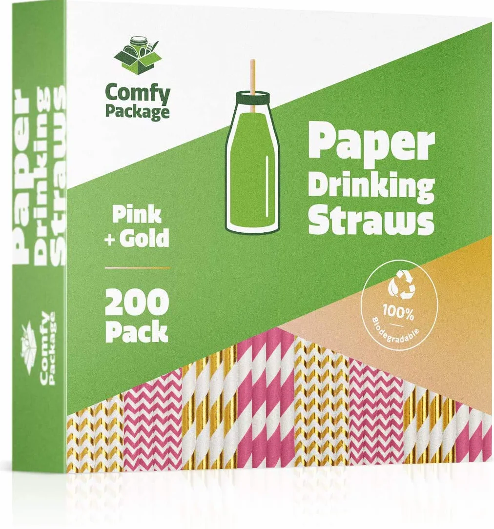 Comfy Package [200 Stück] Party-Trinkhalme aus Papier - 100% biologisch abbaubar - Verschiedene Muster - Rosa & Roségoldfarben