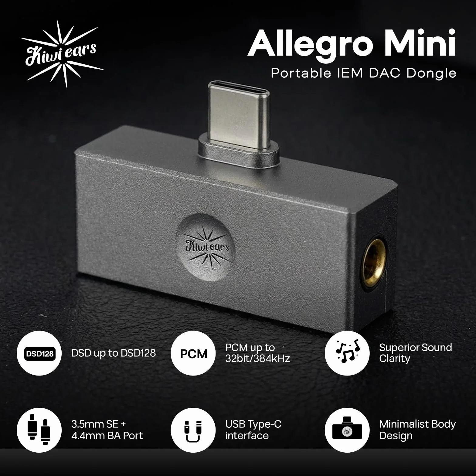 Linsoul Kiwi Ears Allegro Mini Przenośny przetwornik cyfrowo-analogowy IEM, wzmacniacz słuchawkowy, wyjście USB C do 3,5/4,4 mm, wysoka rozdzielczość 32 bity/384 kHz(Tytan)