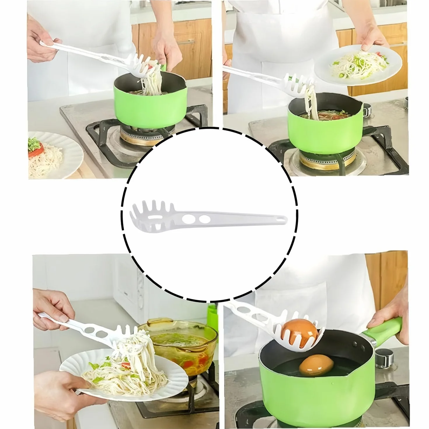 Alnicov Łyżka do spaghetti, 2 otwory, miarka, kontrola porcji, domowa, porowata łyżka do oddzielania żółtek