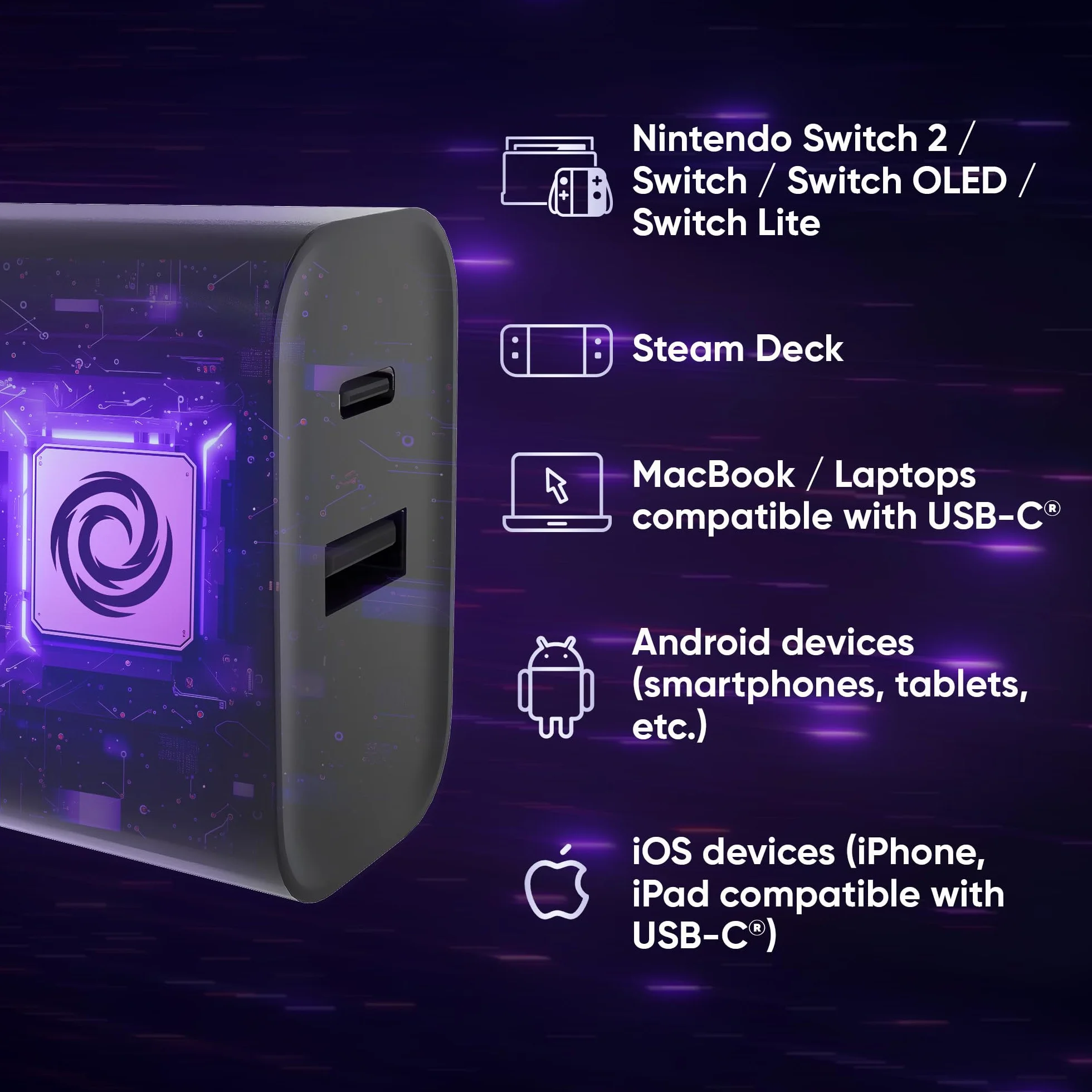 Oniverse Zasilacz AC 65W, podwójny port USB-C i USB-A – Ładowarka do Switch 2, Switch, OLED, Lite, PC, Steam Deck, Android, 1.5 metra, 240V, ładowanie GaN, Odłączany kabel USB-C w oplocie w zestawie