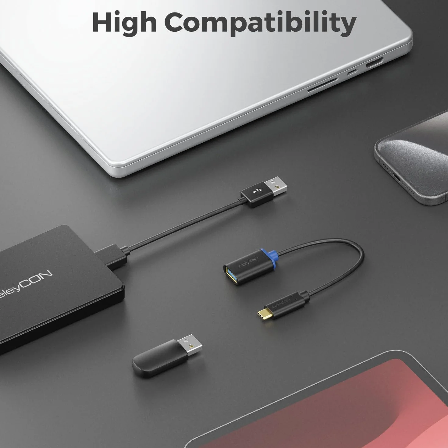 deleyCON 2x Adapter USB-C na USB-A - USB 3.0 OTG - Kompatybilny z iPhone 17 Pro/Air 16 Pro Max/15 Pro Max, iPad Pro, MacBook Pro/Air, Galaxy S25/S24/S23, Komputerem, Notebookiem