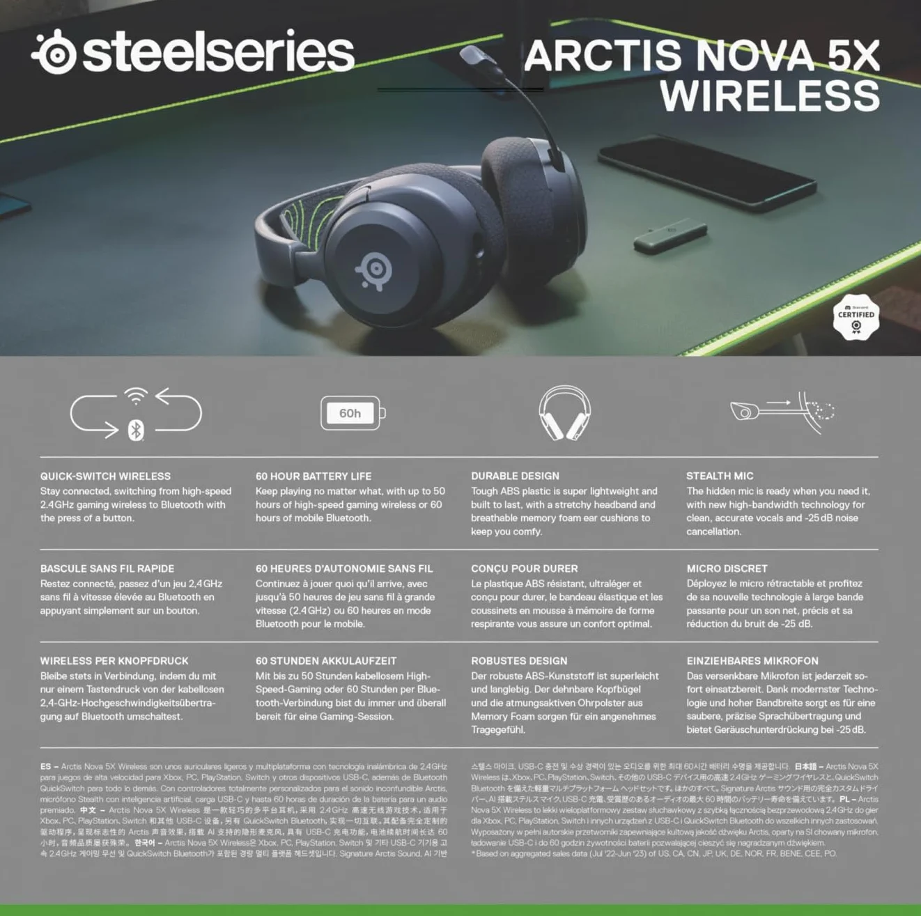 SteelSeries Arctis Nova 5X słuchawki wi-fi do gier, neodymowe przetworniki, 60h baterii, 2,4 GHz BT, Mik.Gen2.X Xbox PC PS Switch mobile