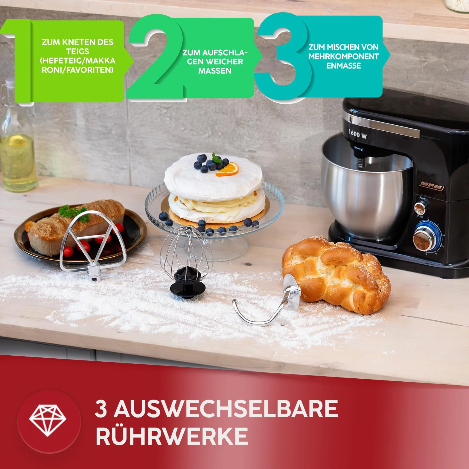 MPM - Robot kuchenny planetarny z 2 miskami do mieszania 4 i 5 litrów - robot kuchenny 1600 W - czarny