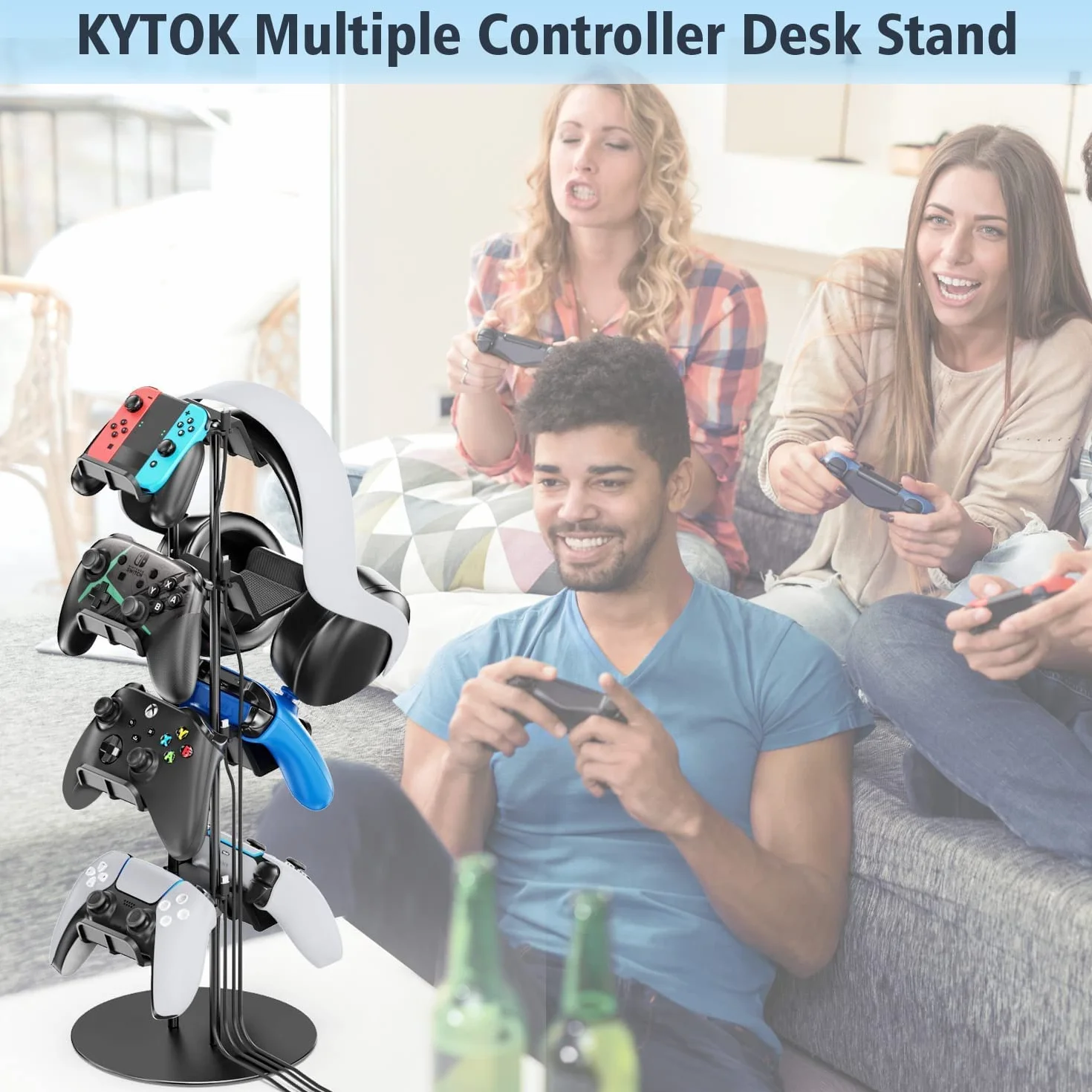 Uchwyt kontrolera Kytok 4 poziomy z uchwytem na zestaw słuchawkowy na biurko, uniwersalny stojak na kontroler kompatybilny z Xbox PS5 PS4 Nintendo Switch, stojak słuchawkowy na 8 pakietów kontrolerów