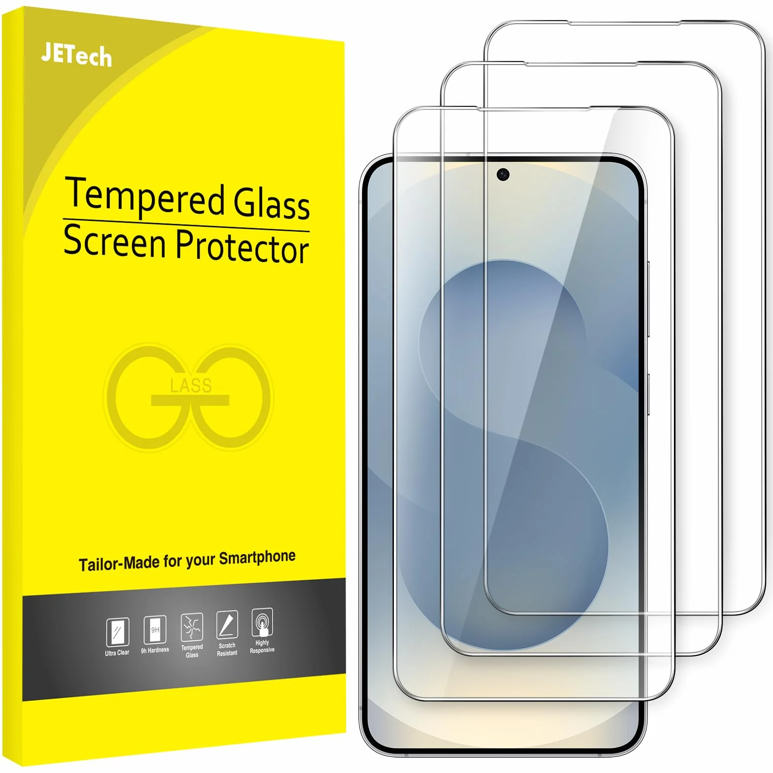 JETech Ochraniacz Ekranu dla Samsung Galaxy S25 5G, Szkło Hartowane Film, ID Papilarnych Kompatybilny, HD Przejaśniać, 3 Sztuki