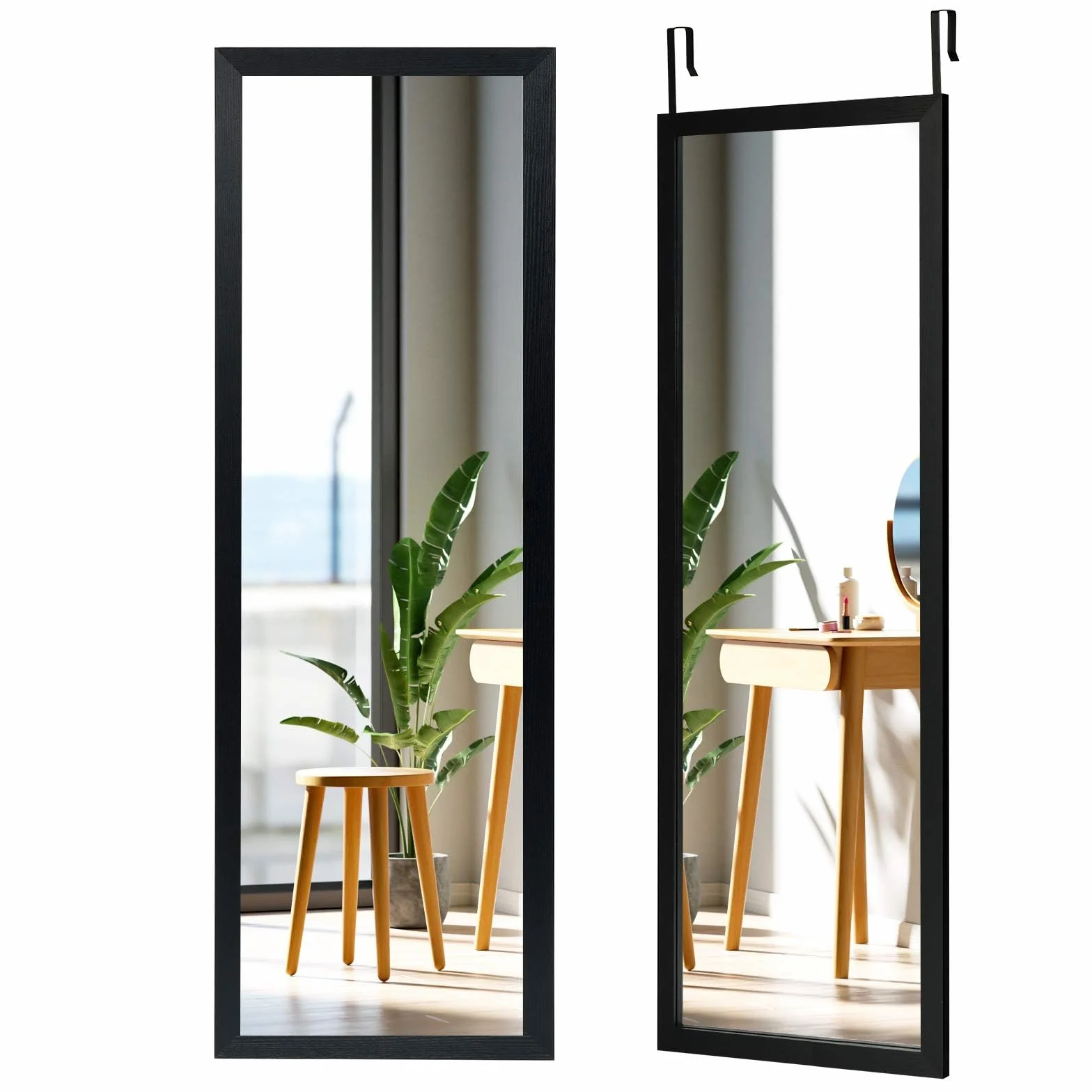 COSTWAY Lustro ścienne na drzwi, lustro wiszące, na całe ciało, z hakami wiszącymi z regulacją wysokości, do sypialni, salonu i wejścia, 120 x 37 cm (czarne)