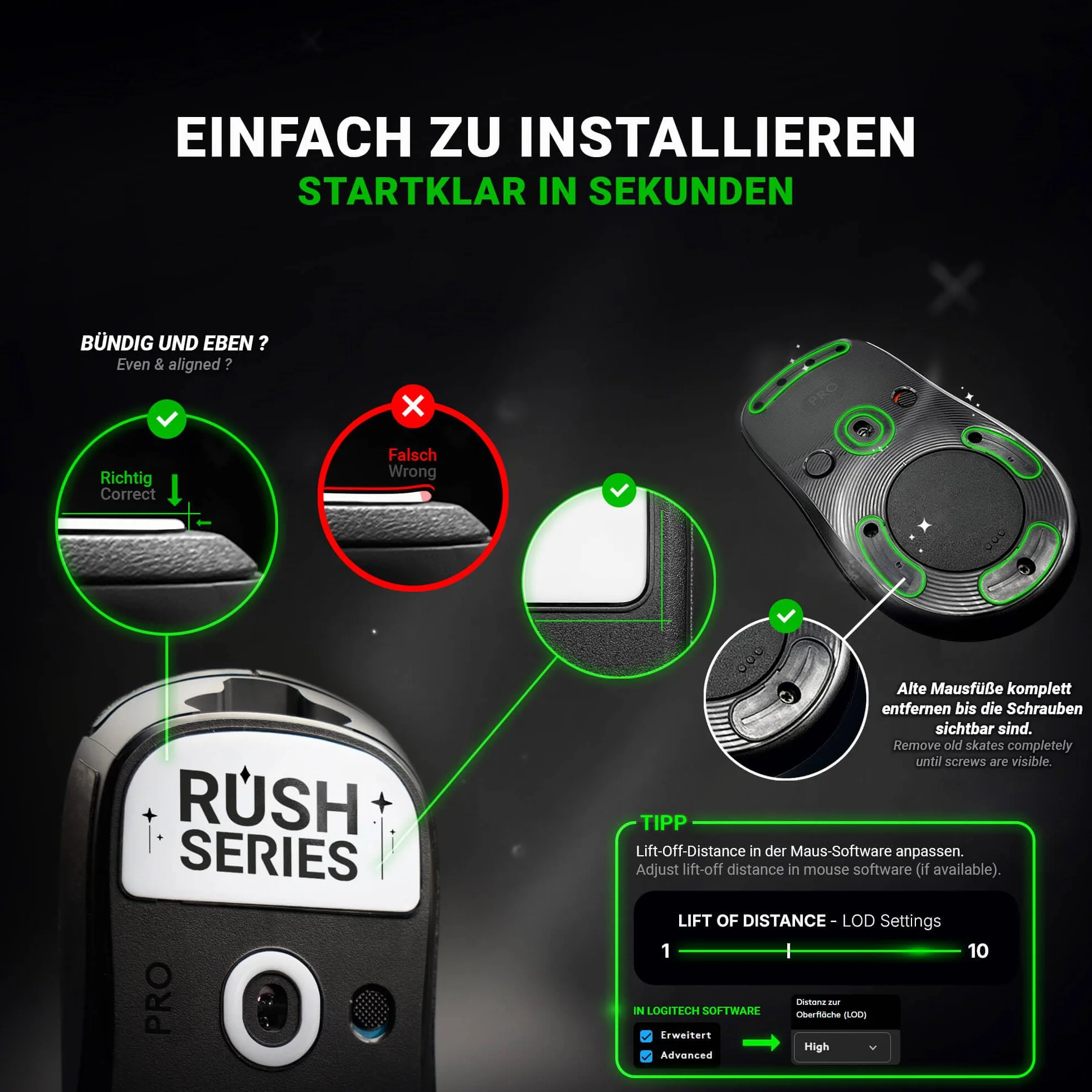 SensoryBoost Rush Glas Glides zestaw kompatybilny z Logitech G502 (wersja kablowa) – ultra szybki i delikatny, polerowany, zaokrąglony, wytrzymały – zapasowe nóżki pod mysz, łyżworolki (nie do