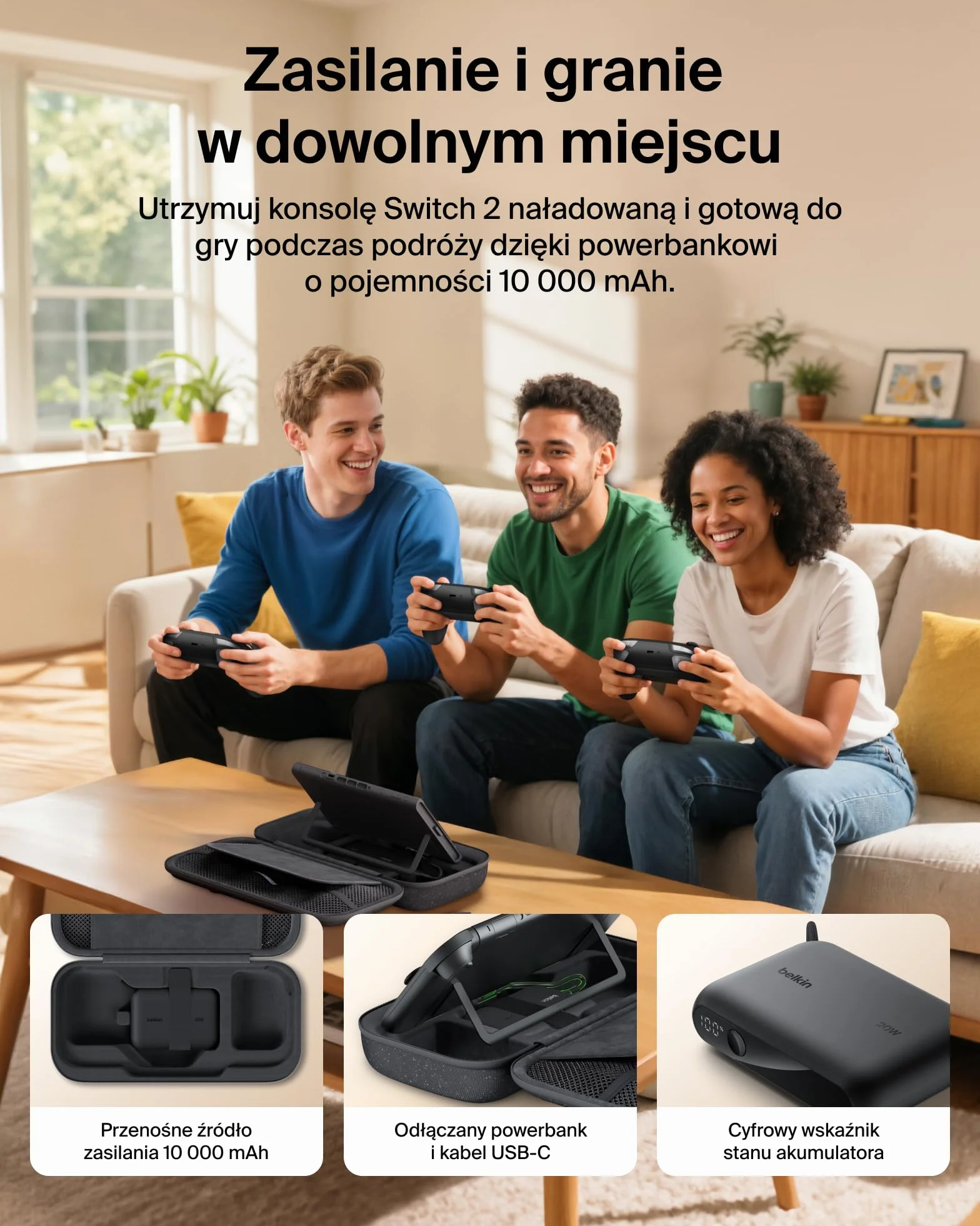 Belkin etui ładujące do Nintendo Switch 2 z powerbankiem 10 000 mAh, wyświetlaczem LCD, ładowarką 20 W, uchwytem na AirTag – Antracyt