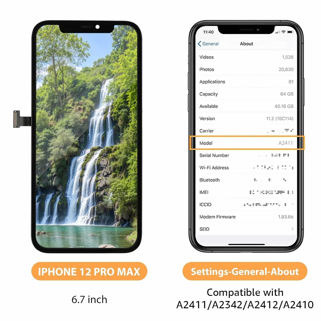 bokman Zamiennik ekranu LCD do iPhone'a 12 Pro Max, panel przedni 17.0 cm, czarny z zestawami narzędzi naprawczych