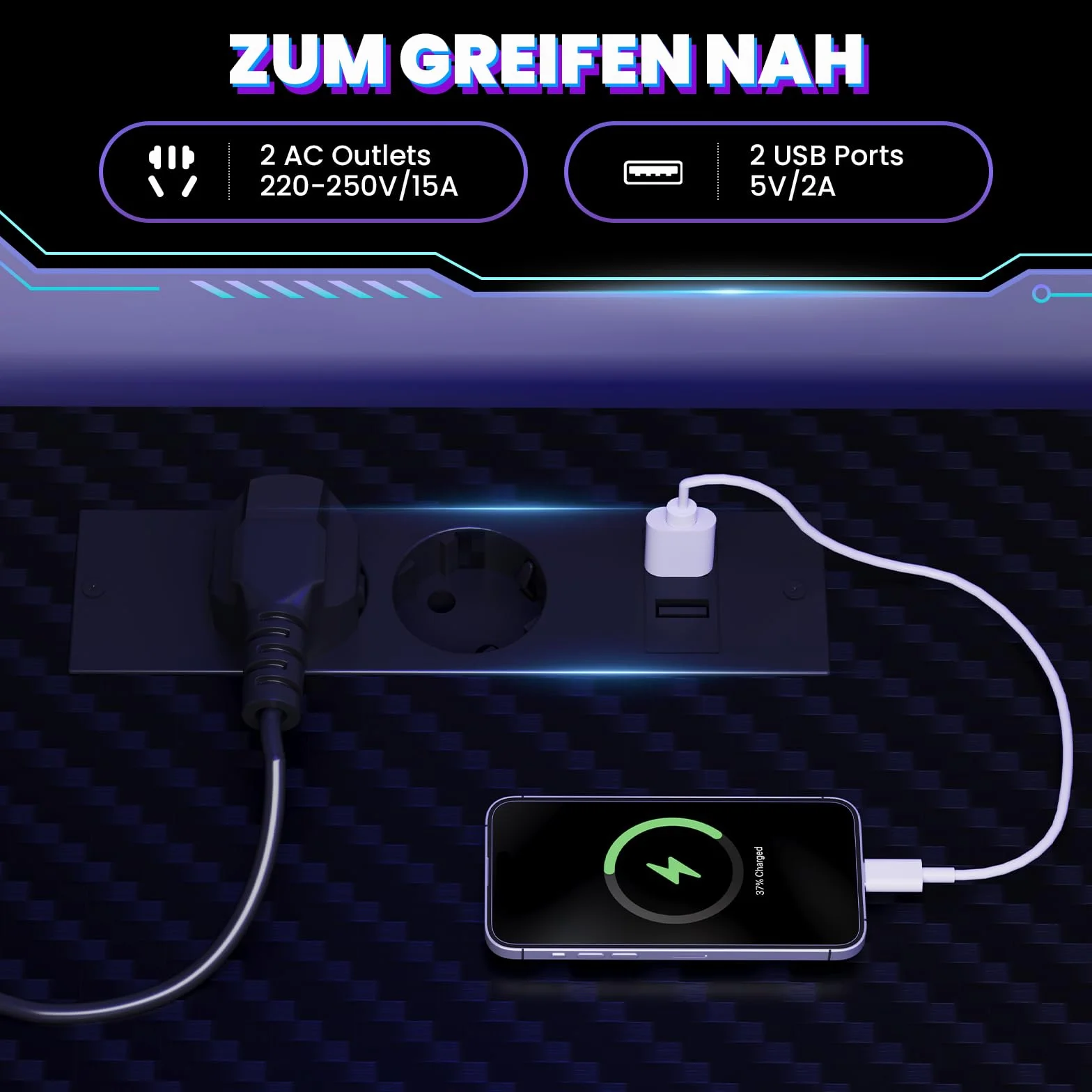 YOUDENOVA Biurko gamingowe w kształcie litery L z diodami LED, gniazdkiem i wejściem USB, dwustronne biurko narożne z regałem, 120 x 80 cm, biurko komputerowe z uchwytem na PC, stół dla graczy do