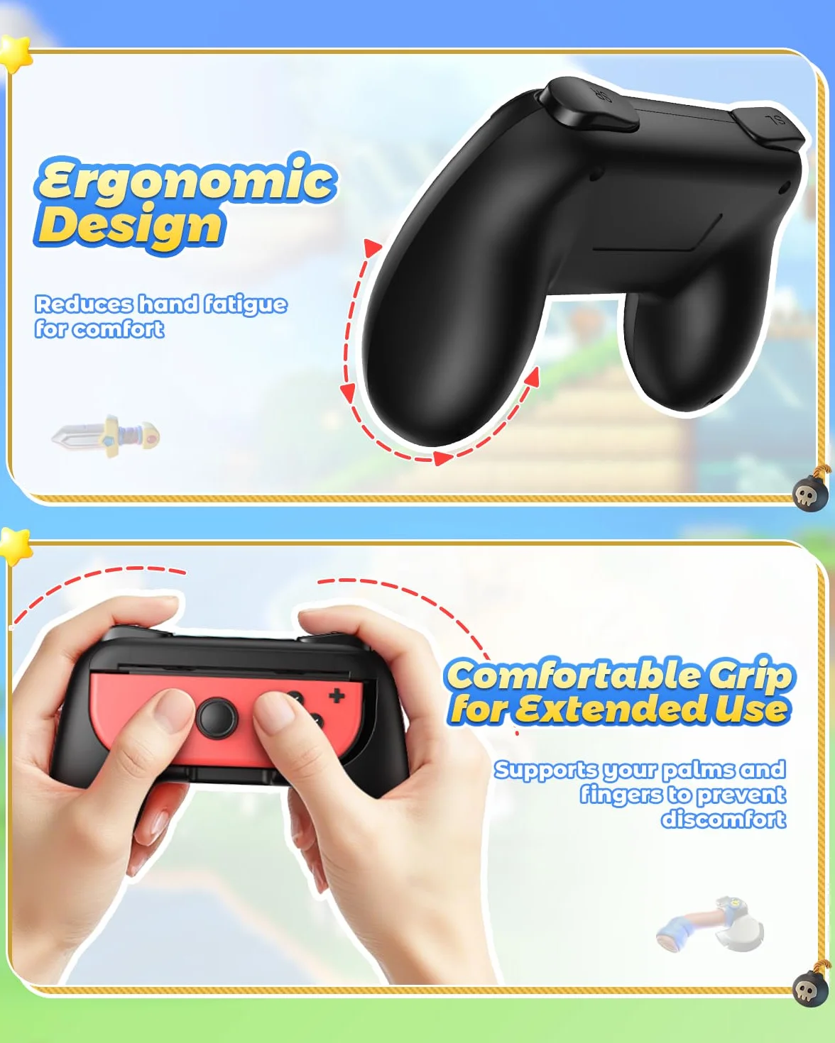 FYOUNG Uchwyt na uchwyty kompatybilny z Joy Con dla Switch & OLED Model, wygodny uchwyt do kontrolera - czarny (2 sztuki)